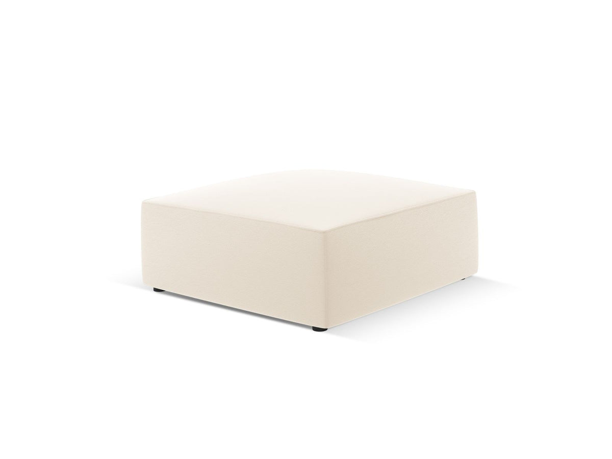 Runder Pouf mit lederähnlichem Bezug in Light Beige, Massivholzrahmen und schwarzen Kunststoffbeinen, Durchmesser 93 cm, Höhe 40 cm.