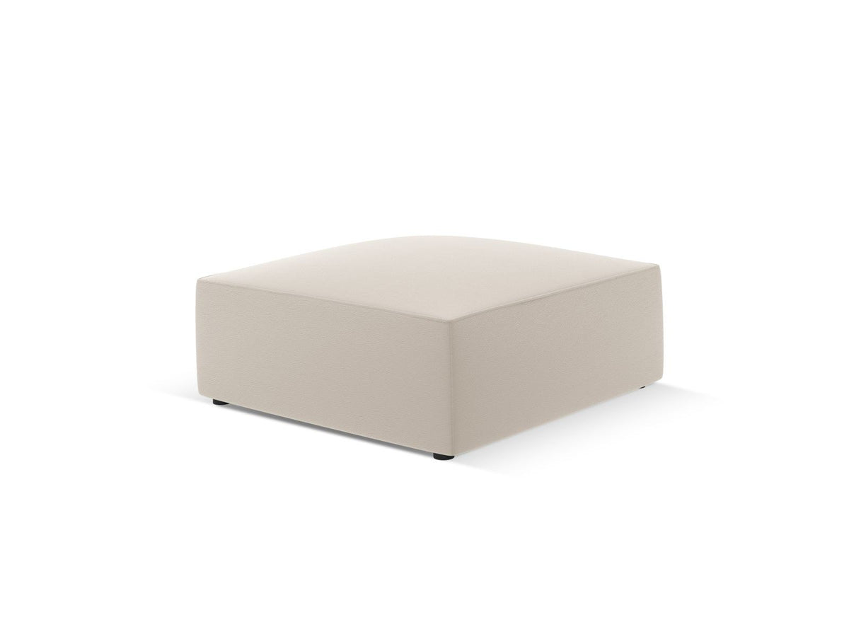 Runder Pouf mit lederähnlichem Bezug in Light Beige, Massivholzrahmen und schwarzen Kunststoffbeinen, Durchmesser 93 cm, Höhe 40 cm.