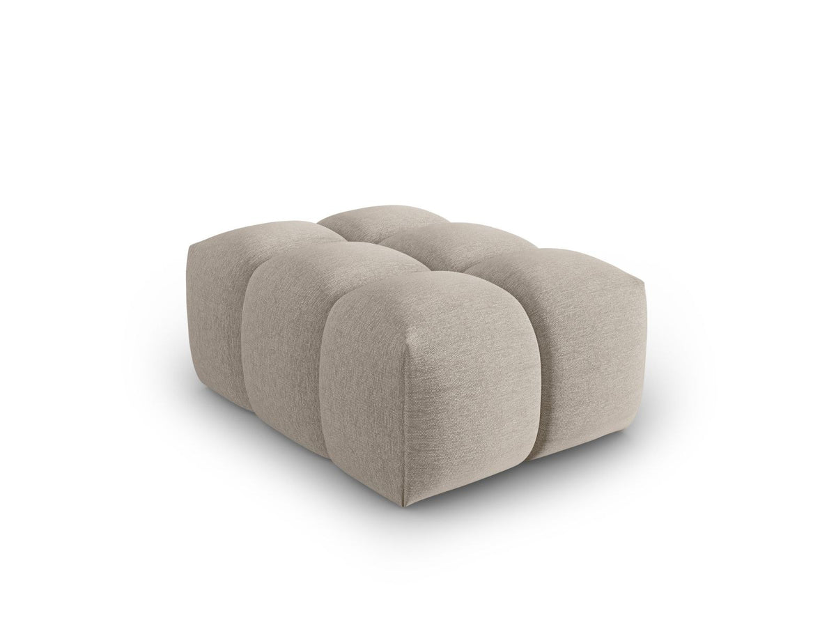 Beiger Pouf Verona mit Sorella-Strukturstoff, Massivholzrahmen und schwarzen Kunststoffbeinen, quaderförmige Sitzfläche.