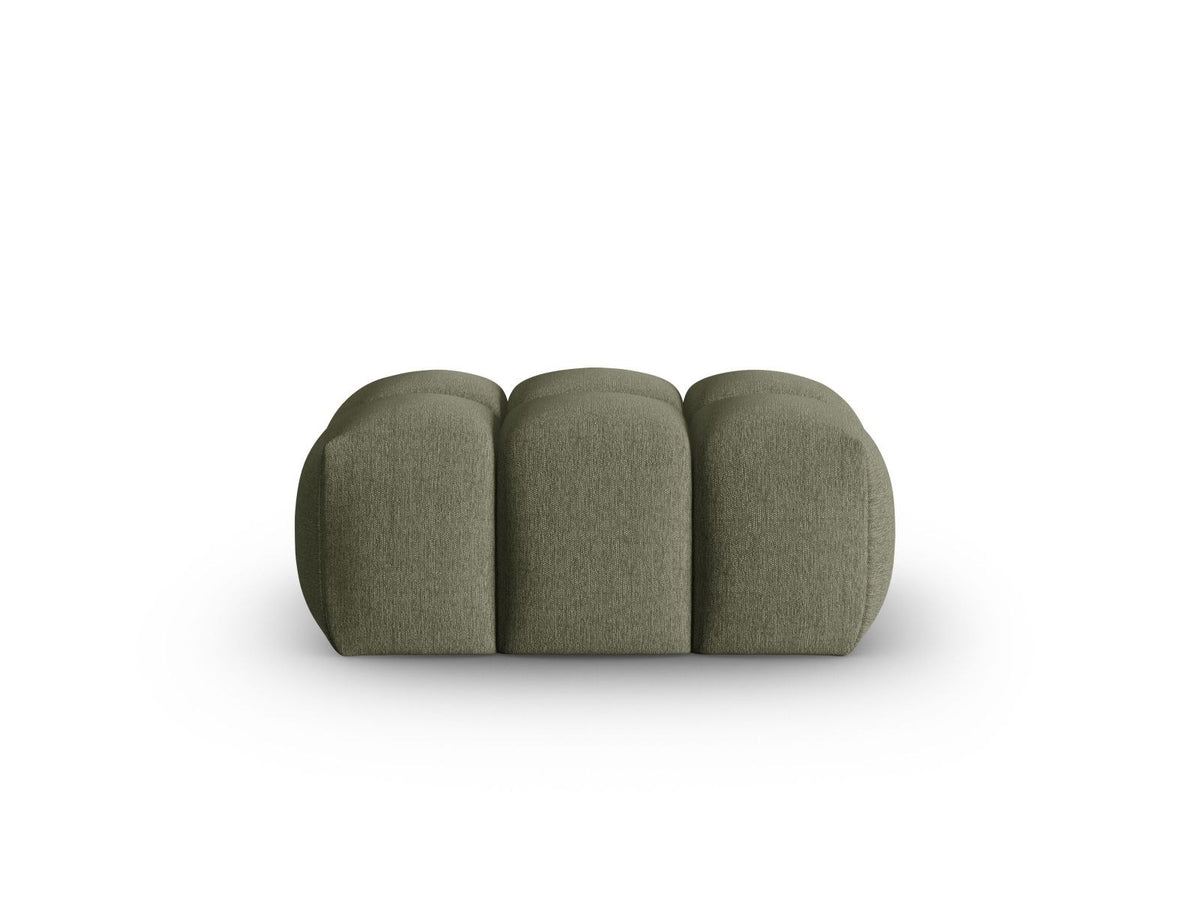 Beiger Pouf Verona mit Sorella-Strukturstoff, Massivholzrahmen und schwarzen Kunststoffbeinen, quaderförmige Sitzfläche.