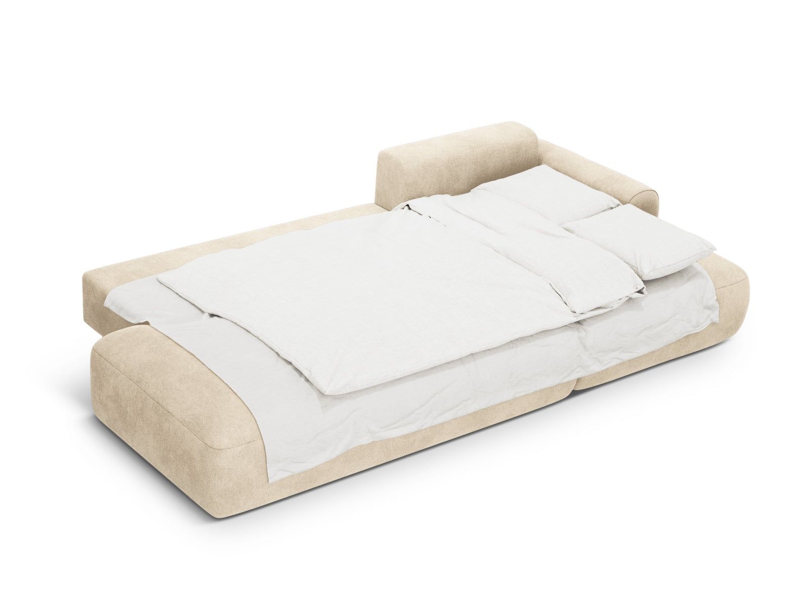 Elegantes Ecksofa Calma in sanftem Beige, ideal für gemütliche Abende, mit cleverer Schlaffunktion und integriertem Stauraum.