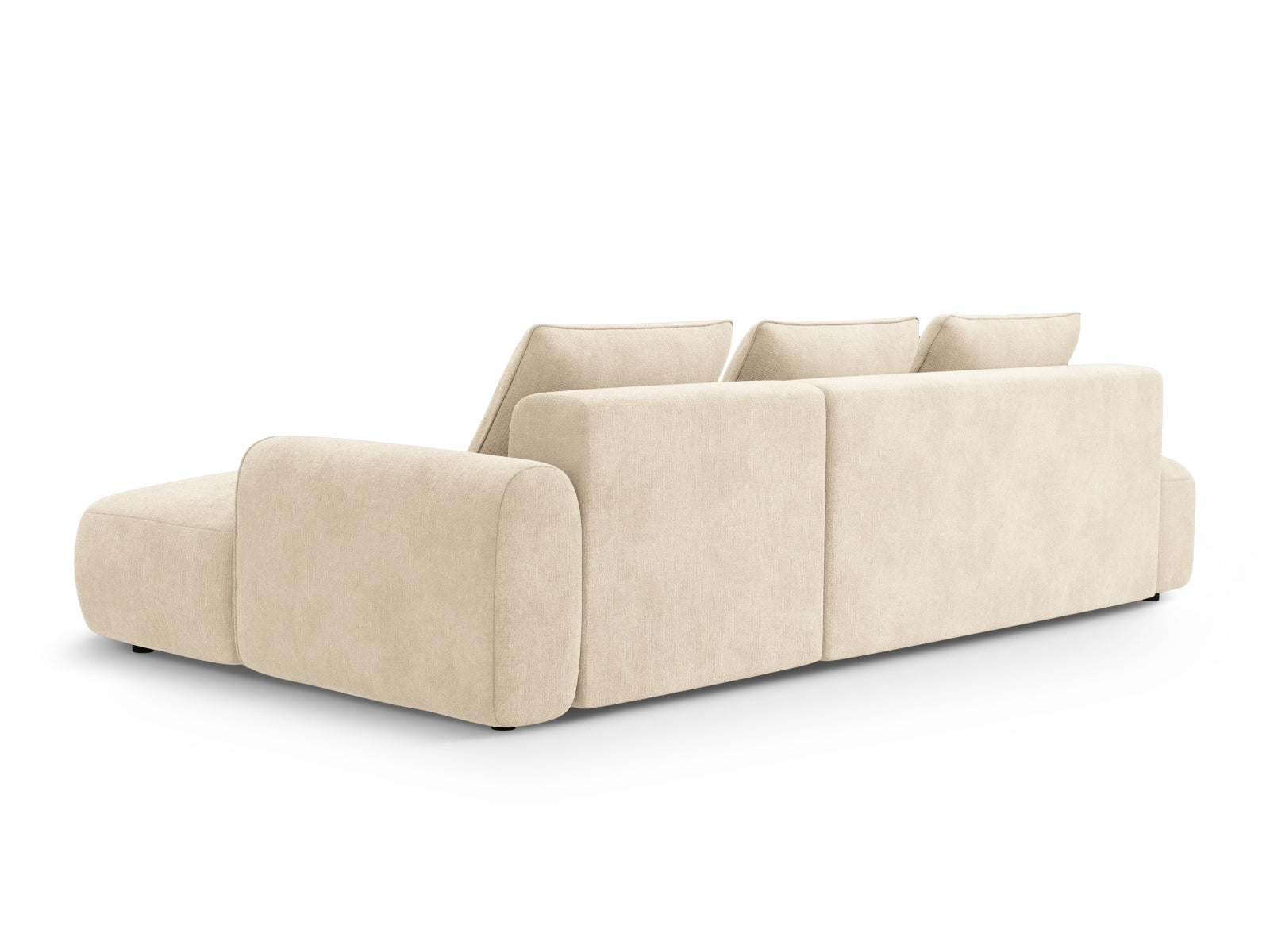 Modernes 5-Sitzer Ecksofa Calma in hellem Beige, perfekt für stilvolle Wohnräume, bietet Schlafgelegenheit und praktischen Stauraum.