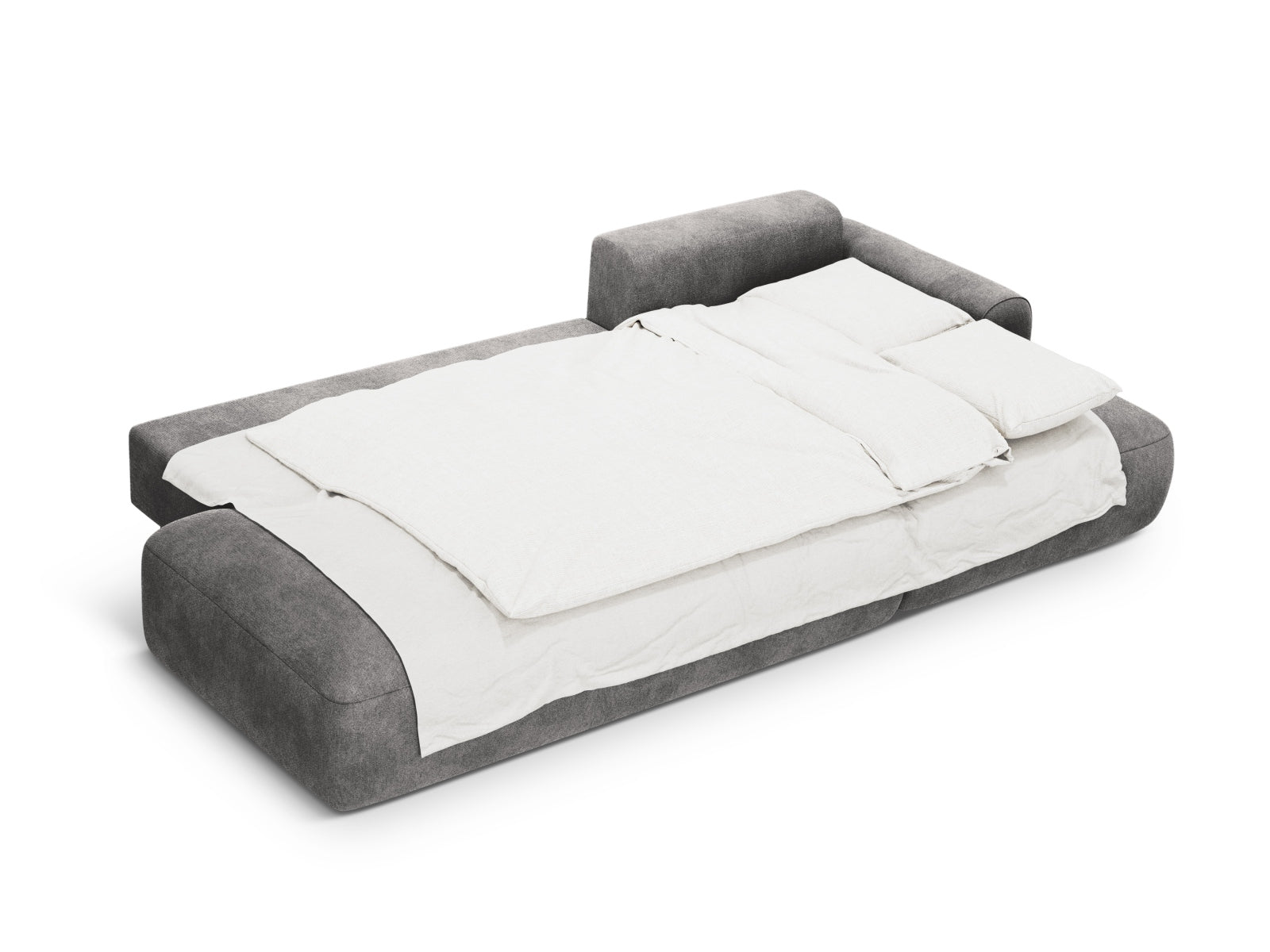 Modernes 5-Sitzer Ecksofa Calma in elegantem Grau, bietet Schlaffunktion und praktischen Stauraum für vielseitige Nutzung.