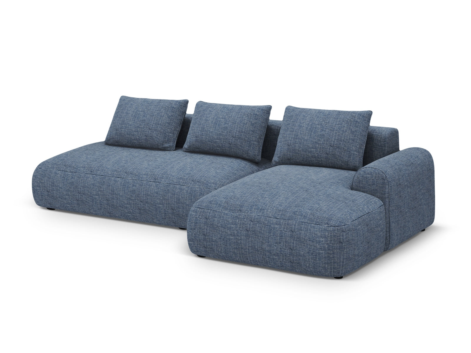 Elegantes 5-Sitzer Ecksofa Calma in Blau Melange, ideal für Wohnräume, mit praktischer Schlaffunktion und Stauraum.