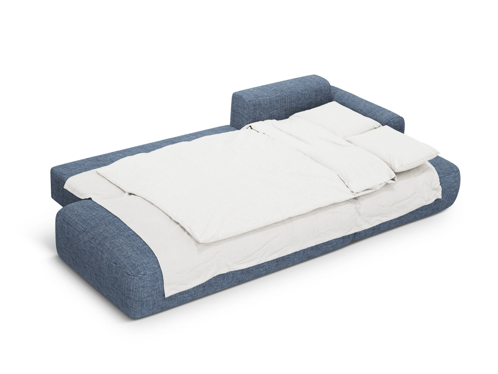 Elegantes 5-Sitzer Ecksofa Calma in trendigem Blau Melange, ideal für Wohnräume, mit praktischer Schlaffunktion und integriertem Stauraum.