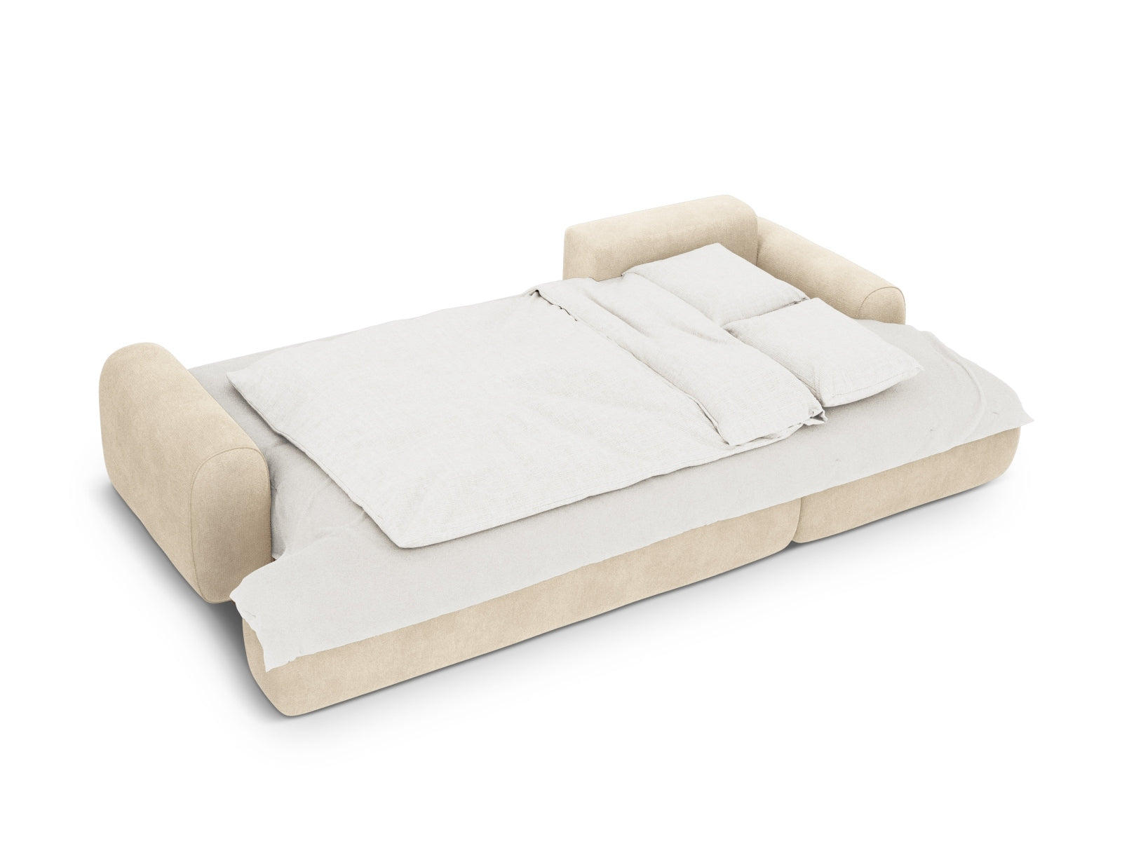 Elegantes 3-Sitzer Ecksofa Calma in sanftem Beige, ideal für stilvolle Wohnräume, mit praktischer Schlaffunktion und cleverem Stauraum.