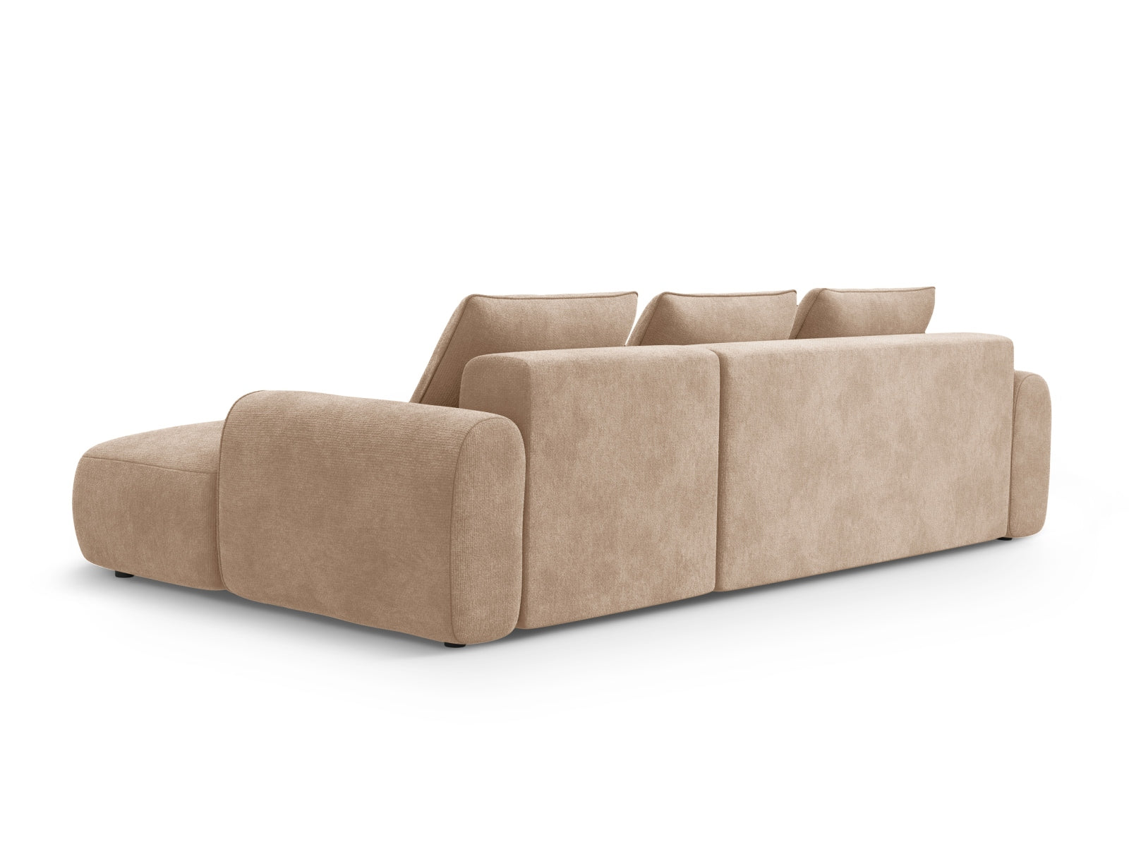 Modernes 3-Sitzer Ecksofa Calma in stilvollem Dark Beige-Vogue, ausgestattet mit Schlaffunktion und praktischem Stauraum für vielseitige Nutzung.