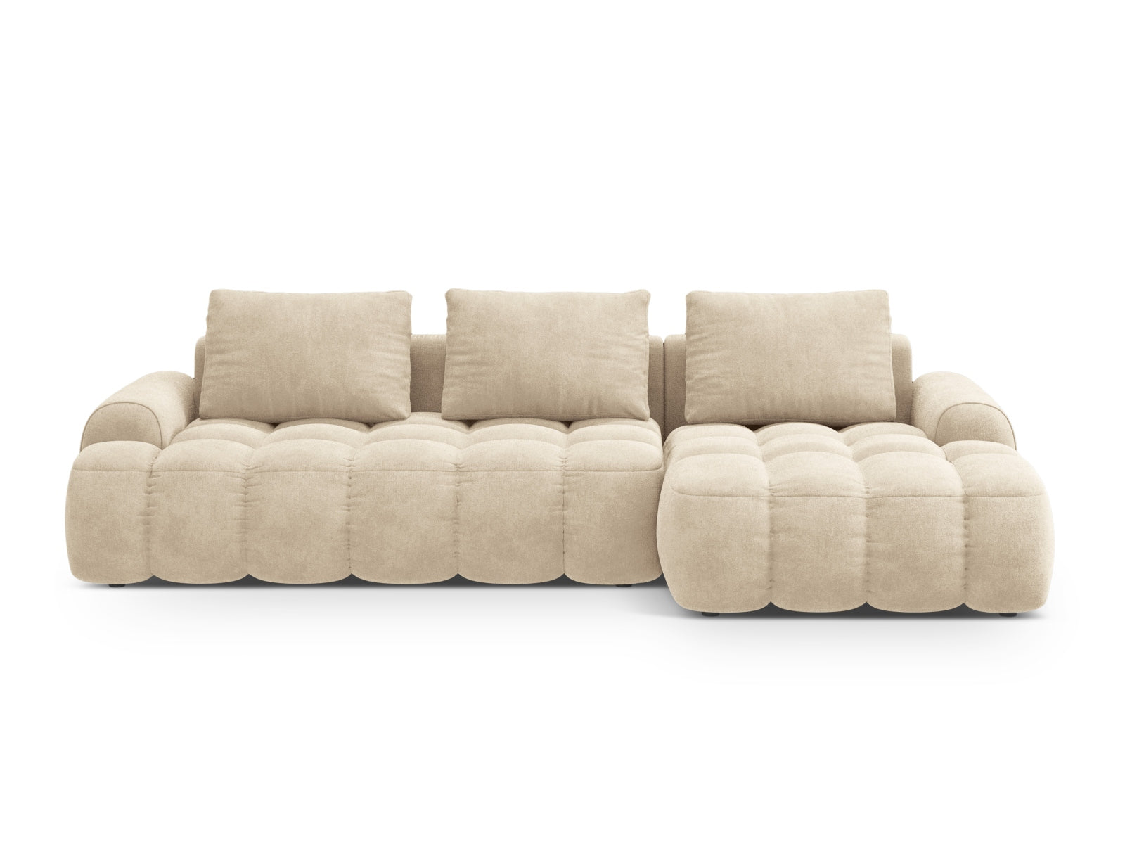 Linz Velour Ecksofa rechts mit Schlaffunktion und Stauraumbox 3 Sitzer 142cm in Light Beige-Vogue präsentiert im Onlineshop von KAQTU Design AG. Bettsofa rechts ist von Cosmopolitan Design