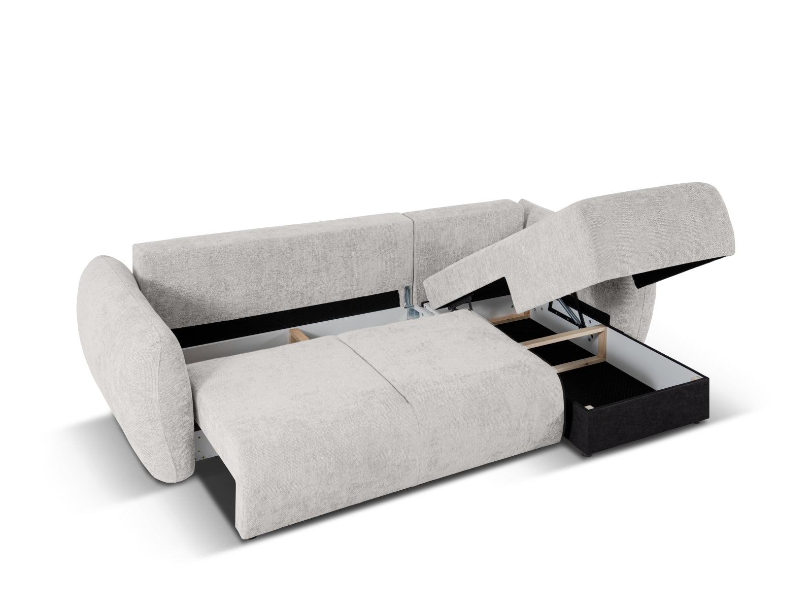 Modernes 4-Sitzer Ecksofa Matera in elegantem Hellgrau, ideal für Gästeübernachtungen und mit praktischem Stauraum für mehr Ordnung.