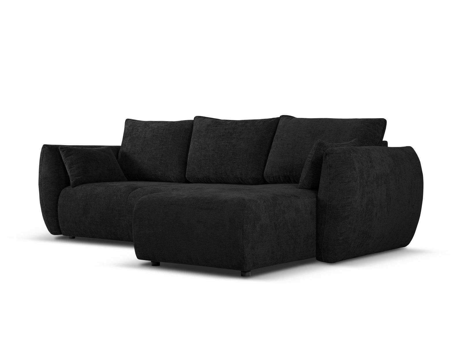Modernes 4-Sitzer Ecksofa Matera in elegantem Schwarz, ideal für Gästeübernachtungen und mit praktischem Stauraum für mehr Ordnung.