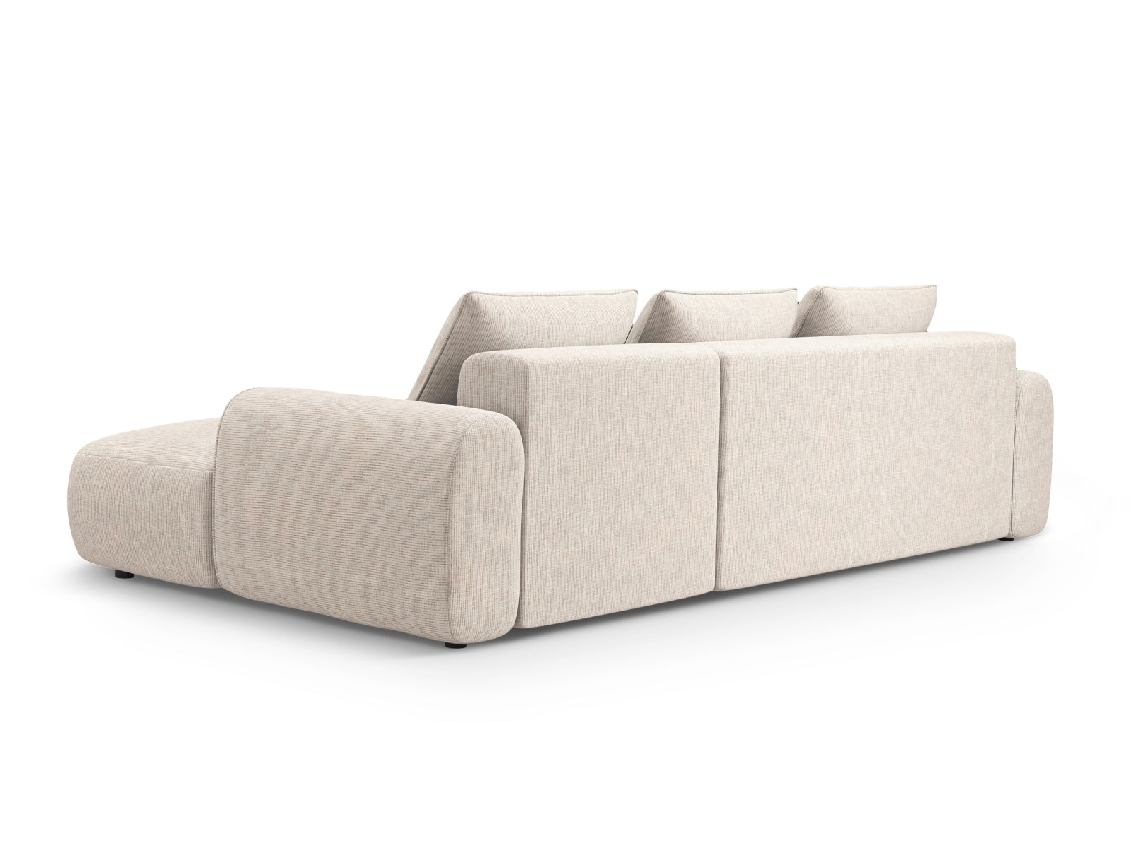 Modernes 3-Sitzer Ecksofa Calma in sanftem Beige, perfekt für stilvolle Wohnräume, bietet Schlaffunktion und cleveren Stauraum.