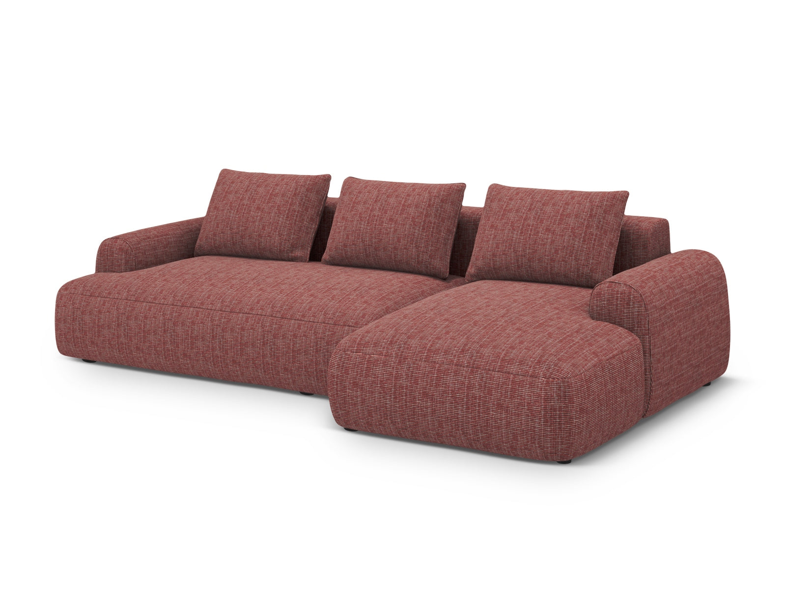 Elegantes 3-Sitzer Ecksofa Calma in Rot mit praktischer Schlaffunktion und Stauraum, ideal für stilvolle Wohnräume.