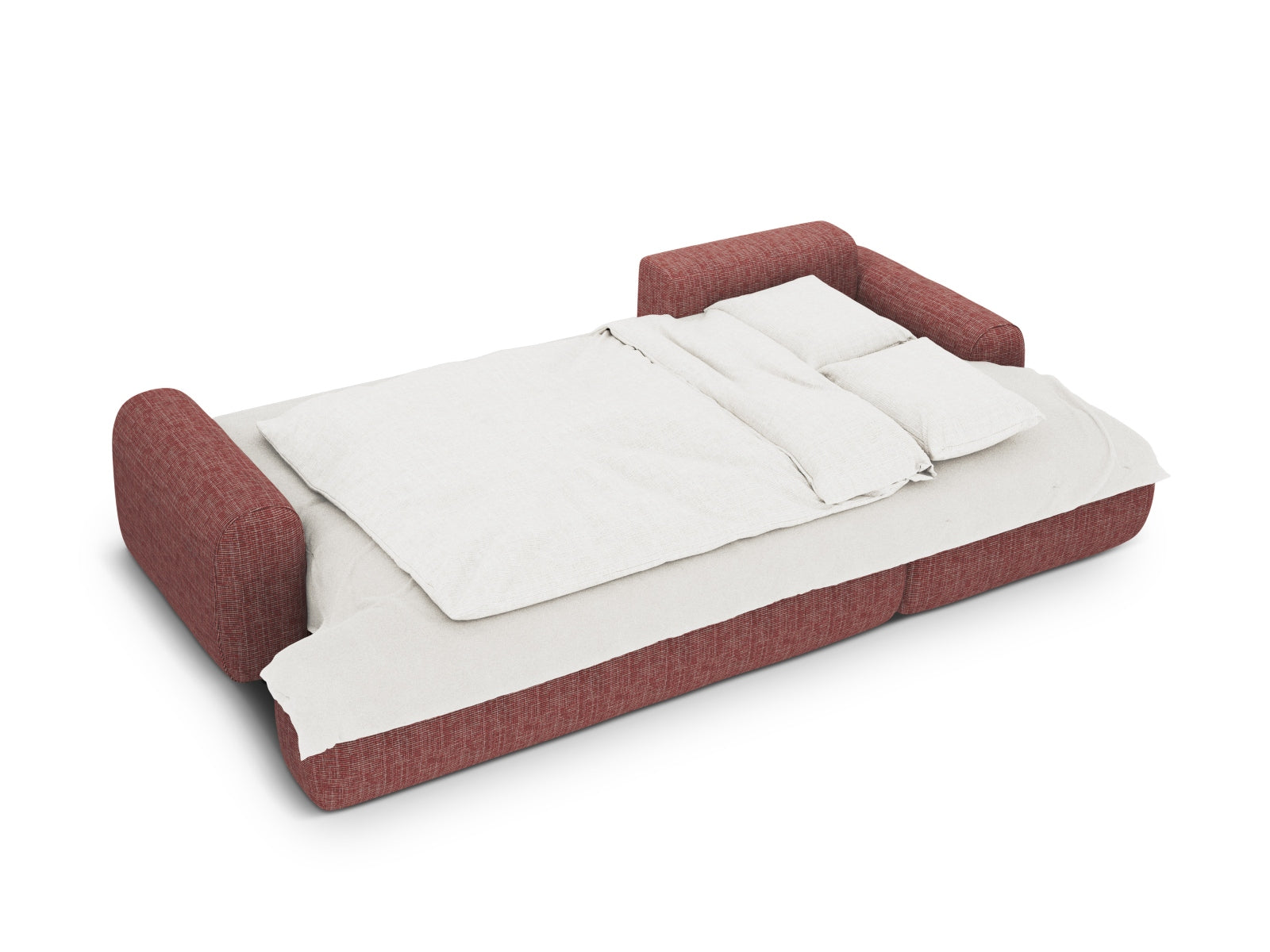 Stylisches rotes Ecksofa Calma für 3 Personen, bietet Schlafgelegenheit und praktischen Stauraum, ideal für kleine Räume.