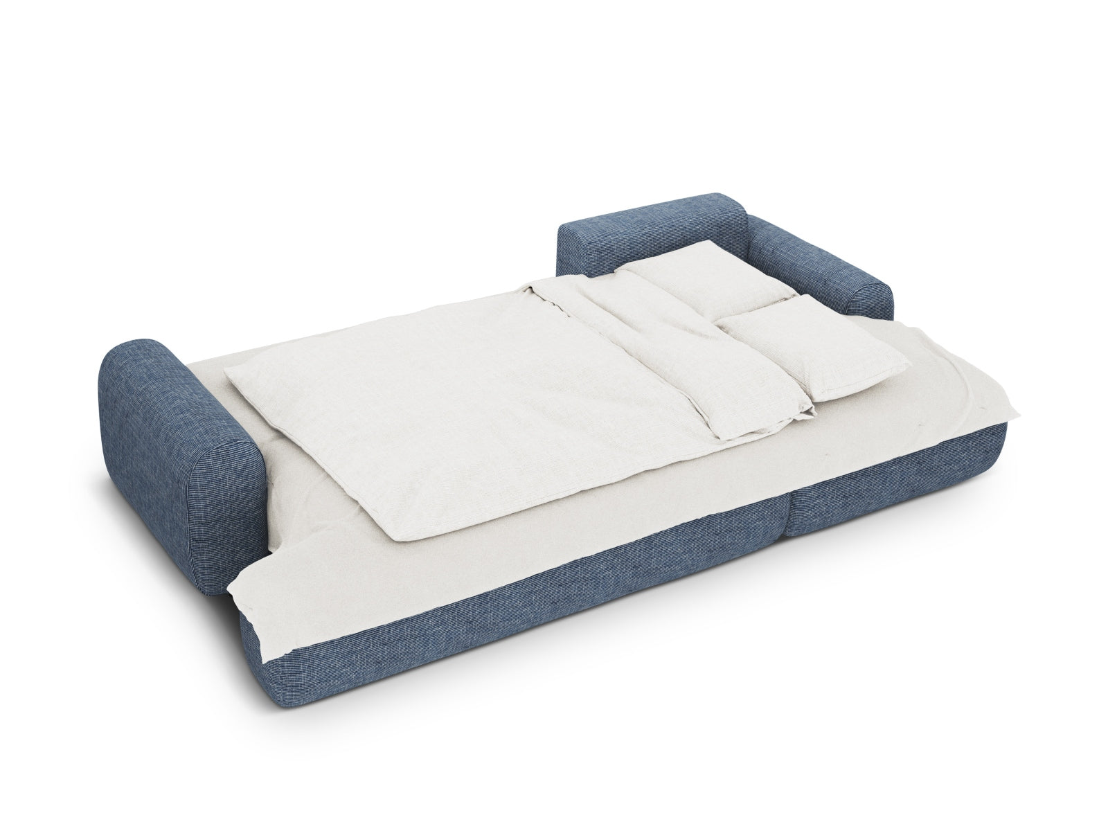 Elegantes 3-Sitzer Ecksofa Calma in Blau Melange, ideal für entspannte Abende und Übernachtungsgäste, mit praktischem Stauraum.