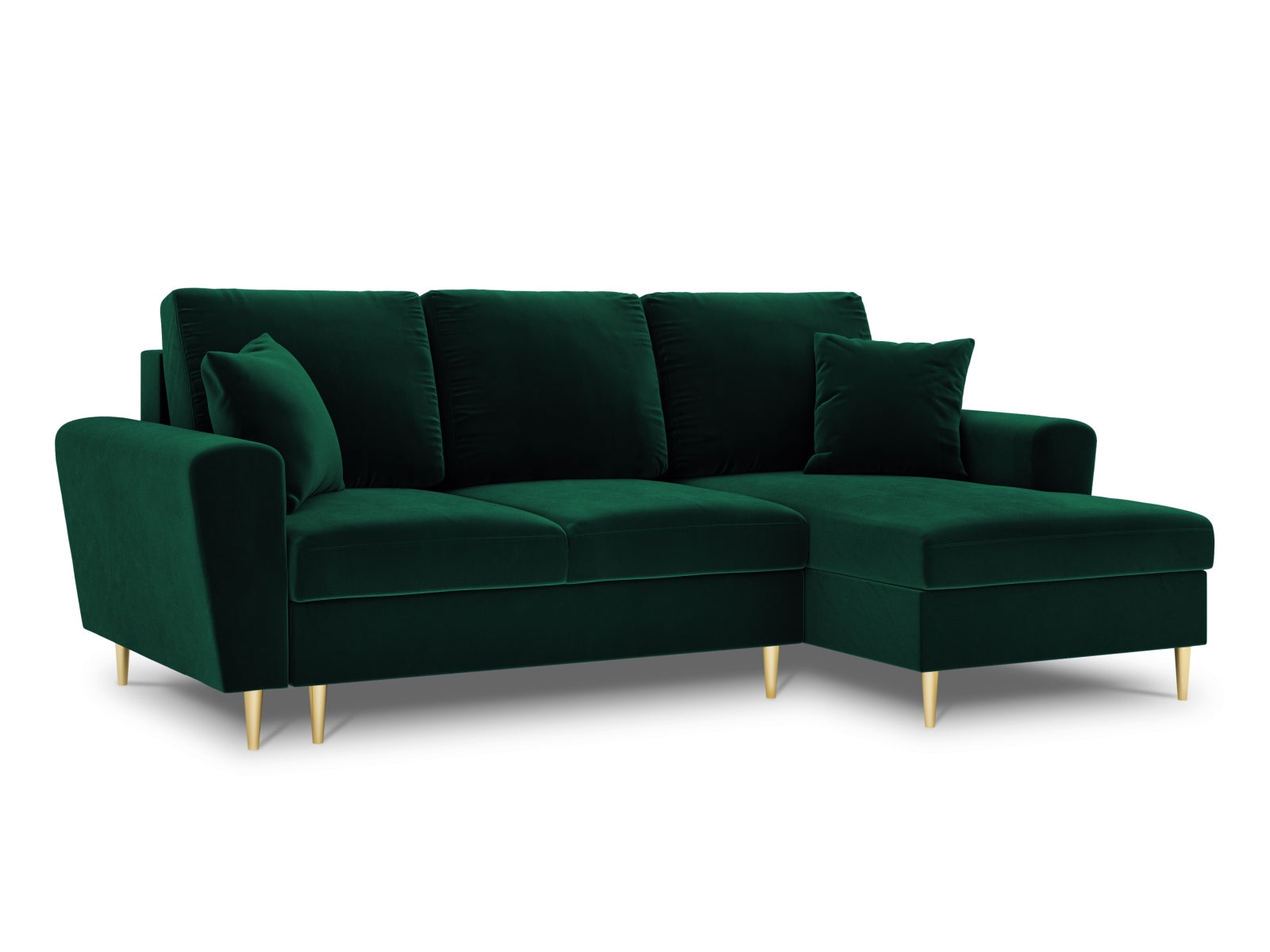 Elegantes Kyoto Ecksofa rechts mit Schlafoption und Stauraum, 4-Sitzer in trendigem Bottle Green, perfekt für stilvolle Wohnräume.