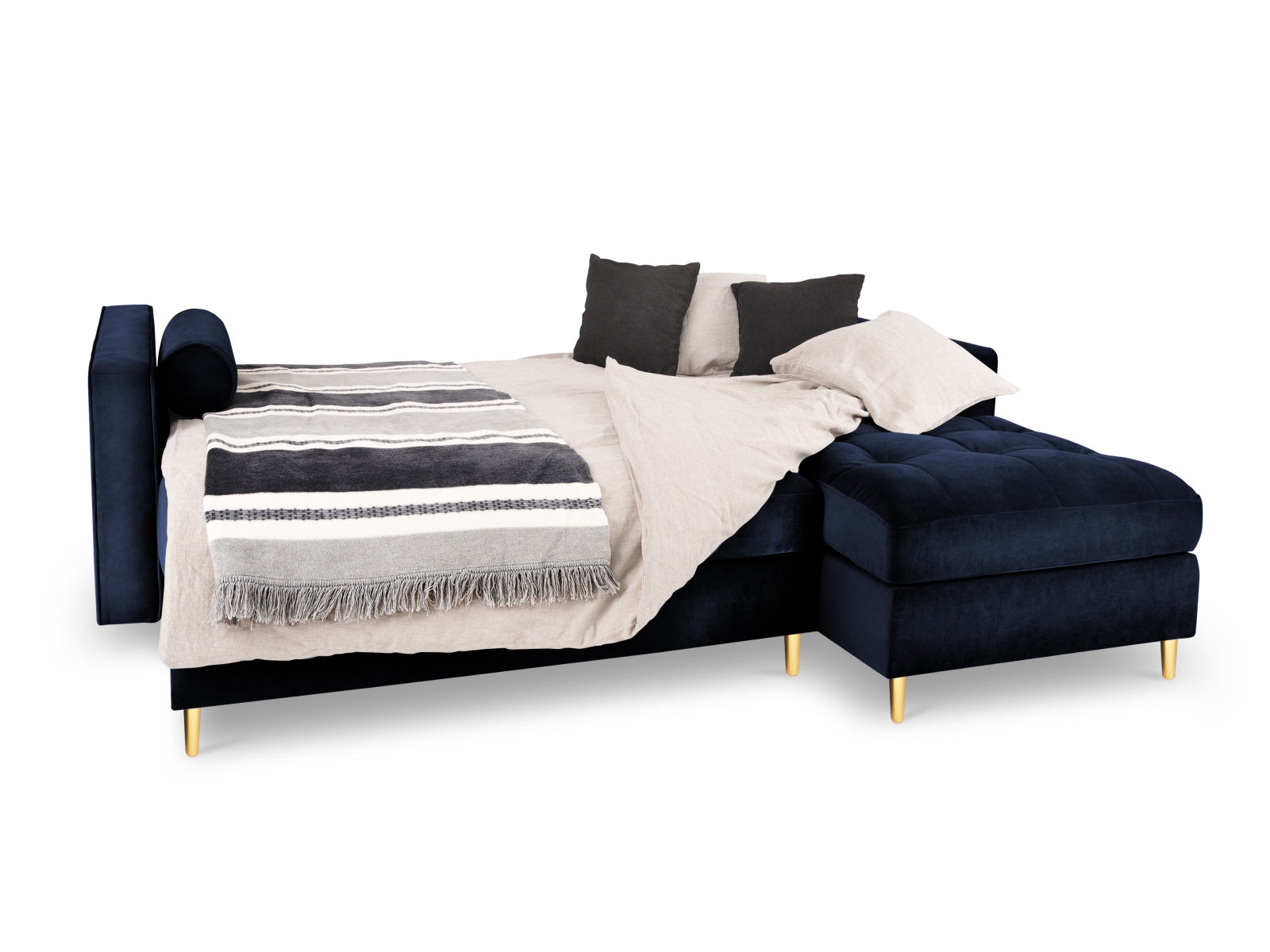 Elegantes 5-Sitzer Ecksofa in Royal Blue mit Schlaffunktion und praktischem Stauraum, ideal für moderne Wohnräume.
