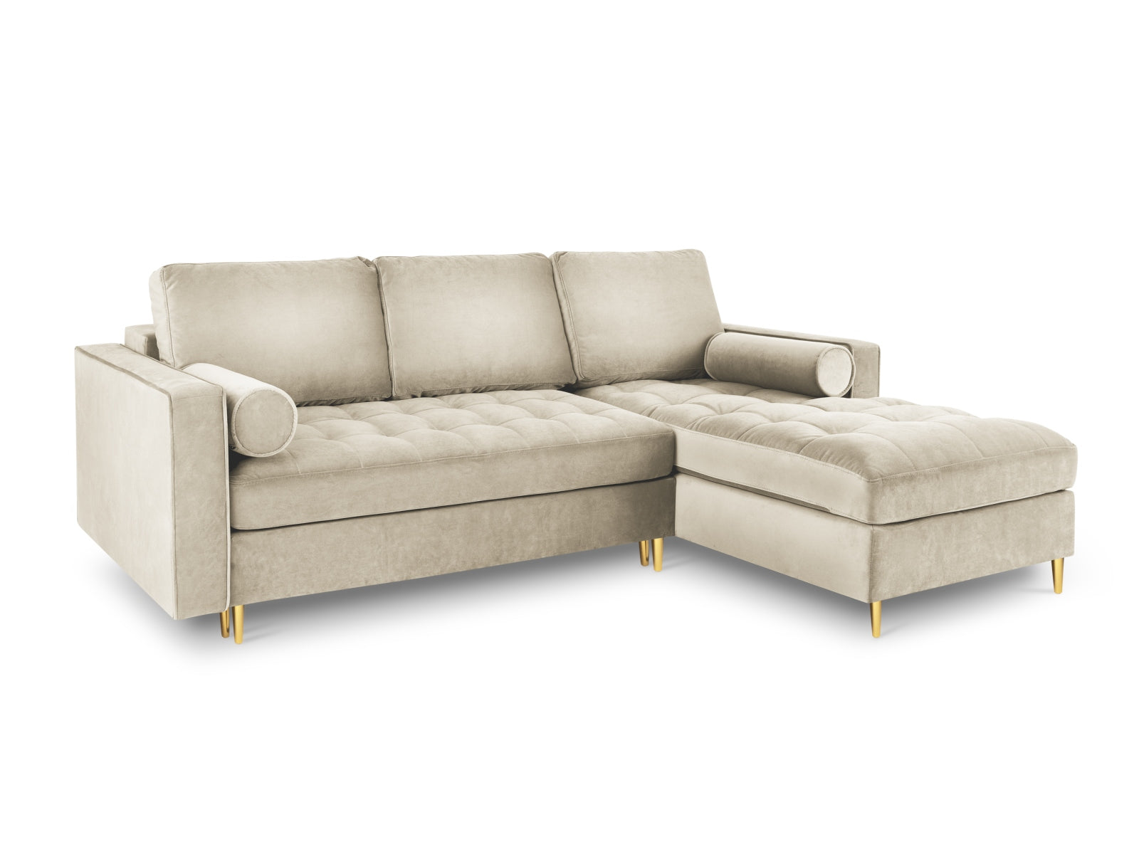 Modernes 5-Sitzer Ecksofa rechts in edlem Dunkelbeige, ideal für entspannte Stunden und als praktisches Schlafsofa mit integriertem Stauraum.