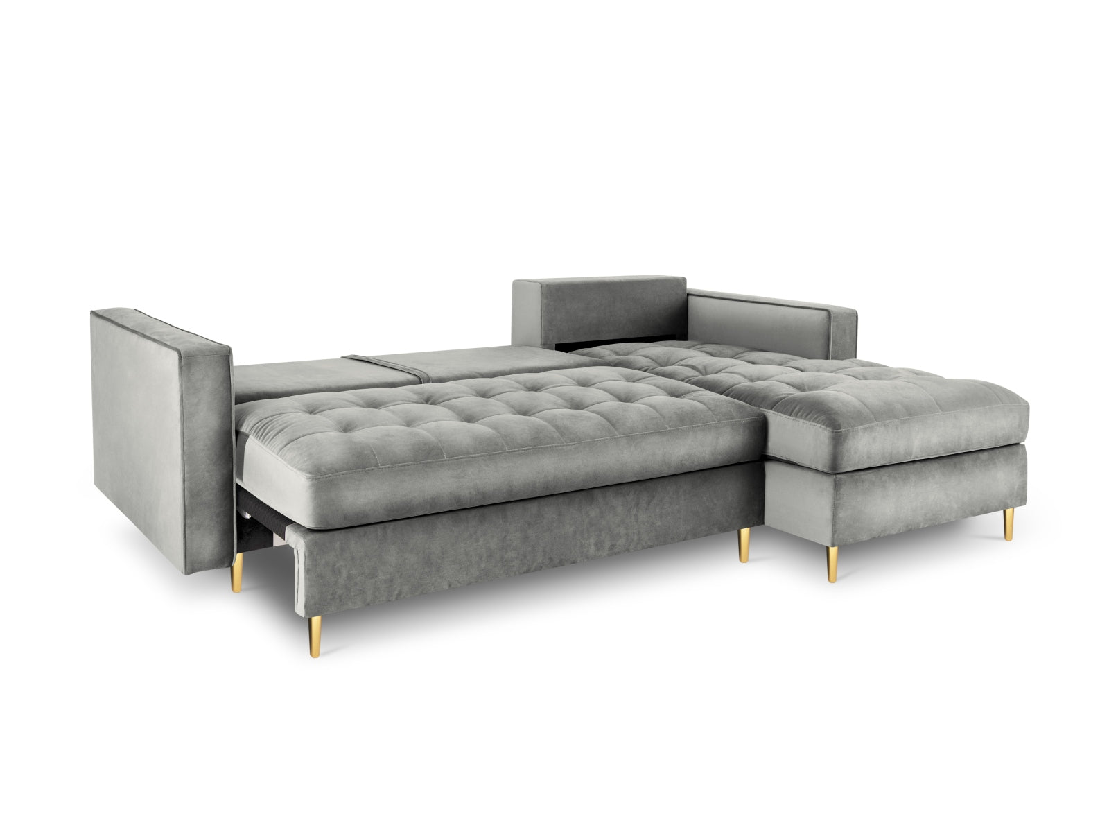 Stylisches Ecksofa Aspen in Grau für 5 Personen, bietet eine komfortable Schlaffunktion und zusätzlichen Stauraum für optimale Raumnutzung.