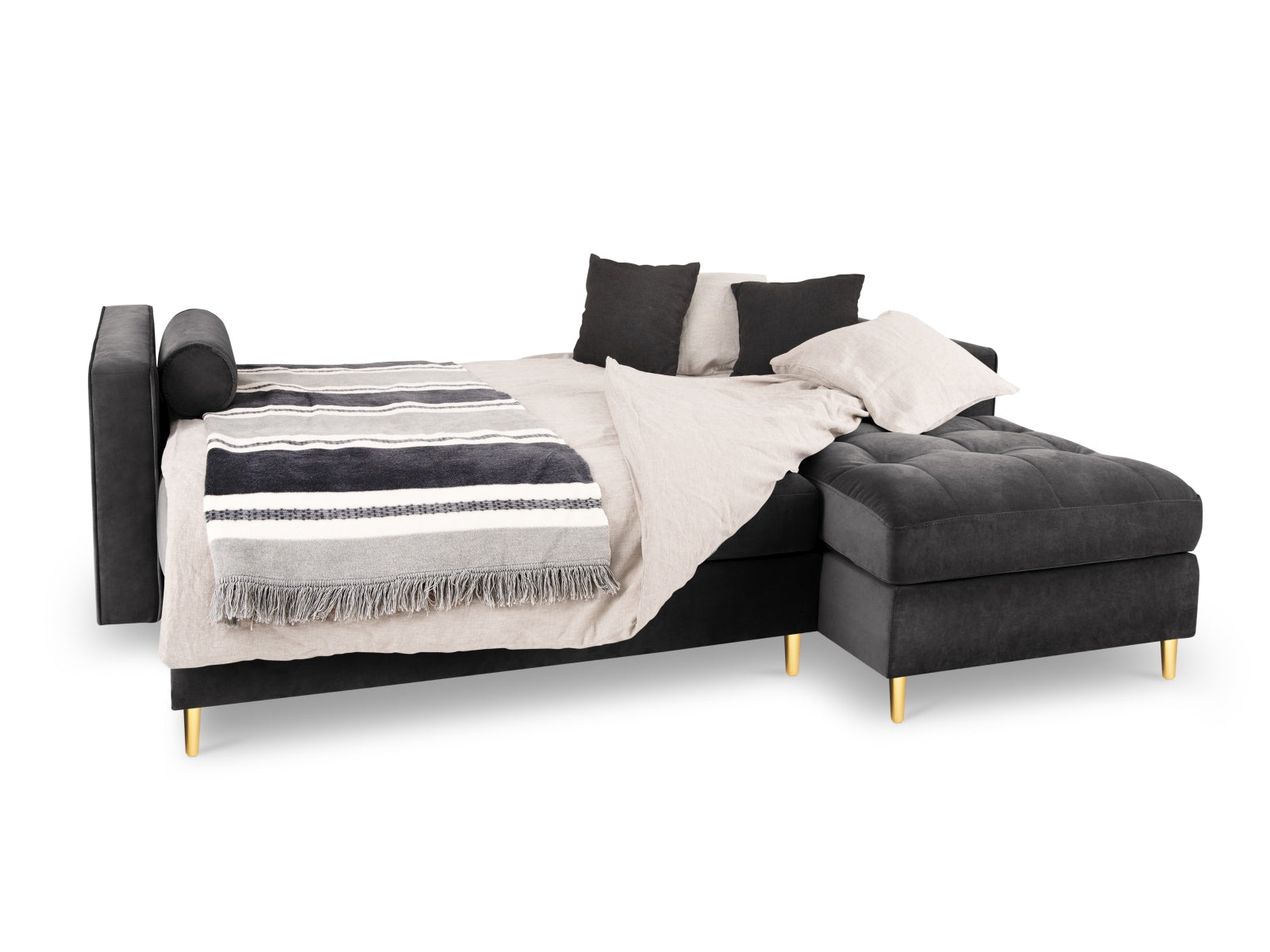 Elegantes 5-Sitzer Ecksofa in Dunkelgrau mit Schlaffunktion und praktischem Stauraum, ideal für moderne Wohnräume.