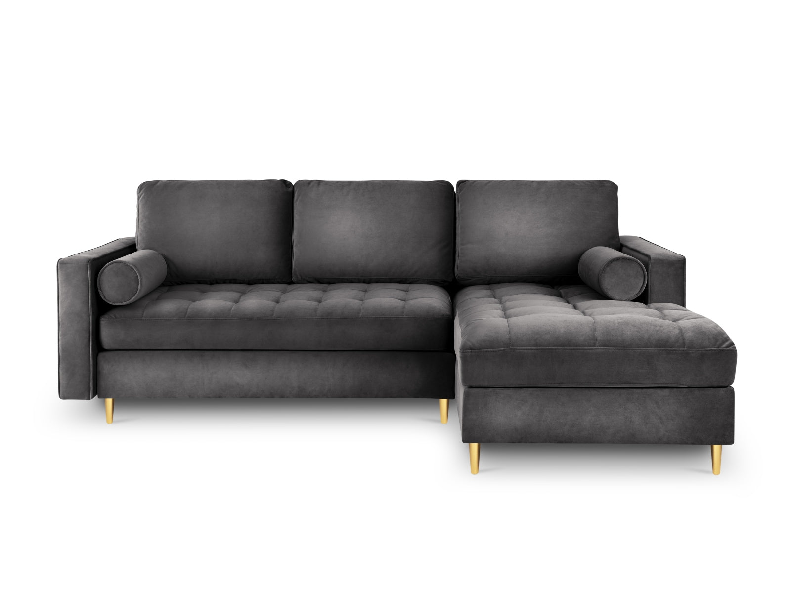 Stylisches Ecksofa in Dunkelgrau, bietet Platz für fünf Personen, verwandelt sich in ein Bett und bietet zusätzlichen Stauraum.
