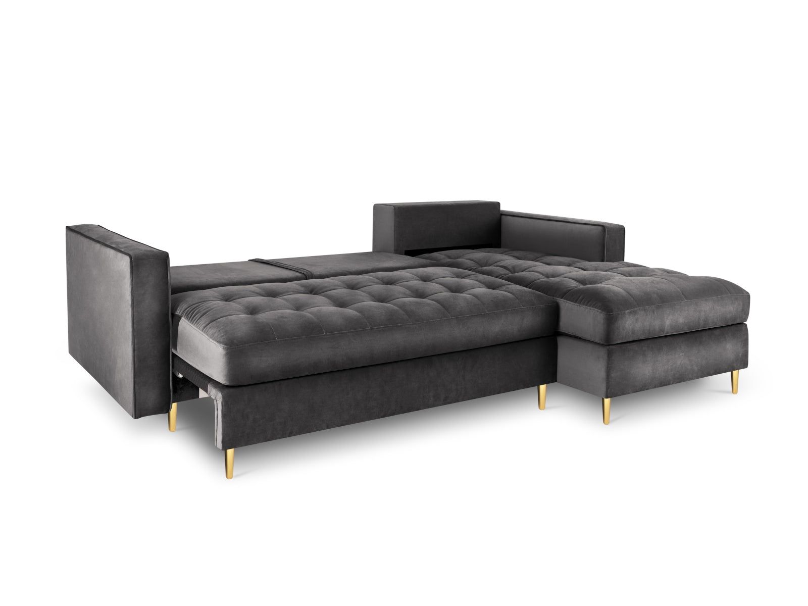 Stylisches Ecksofa für 5 Personen in elegantem Dunkelgrau, ausgestattet mit einer Schlaffunktion und cleverem Stauraum für zusätzlichen Komfort.