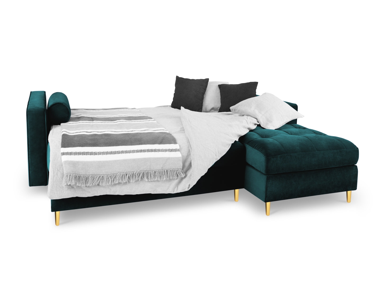 Elegantes 5-Sitzer Ecksofa in Petrol-Salvador mit Schlaffunktion und Stauraum, ideal für stilvolle Wohnräume und gemütliche Nächte.