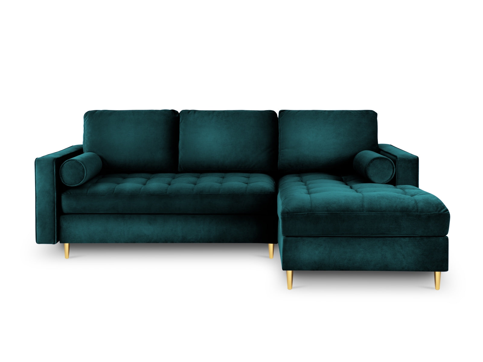 Modernes 5-Sitzer Ecksofa in Petrol mit praktischer Schlaffunktion und integriertem Stauraum, perfekt für entspannte Abende und Gäste.