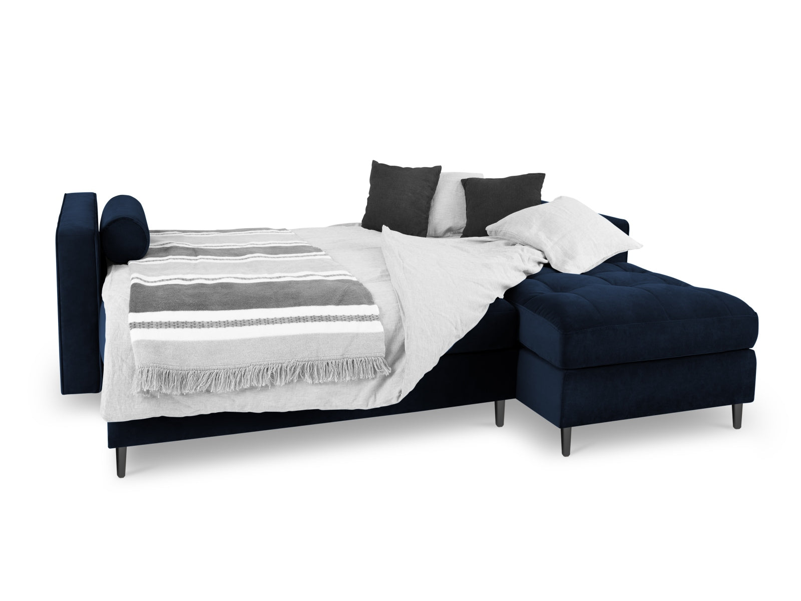 Elegantes 5-Sitzer Ecksofa in Royal Blue, ausgestattet mit Schlaffunktion und Stauraum, perfekt für gemütliche Abende und stilvolle Einrichtung.