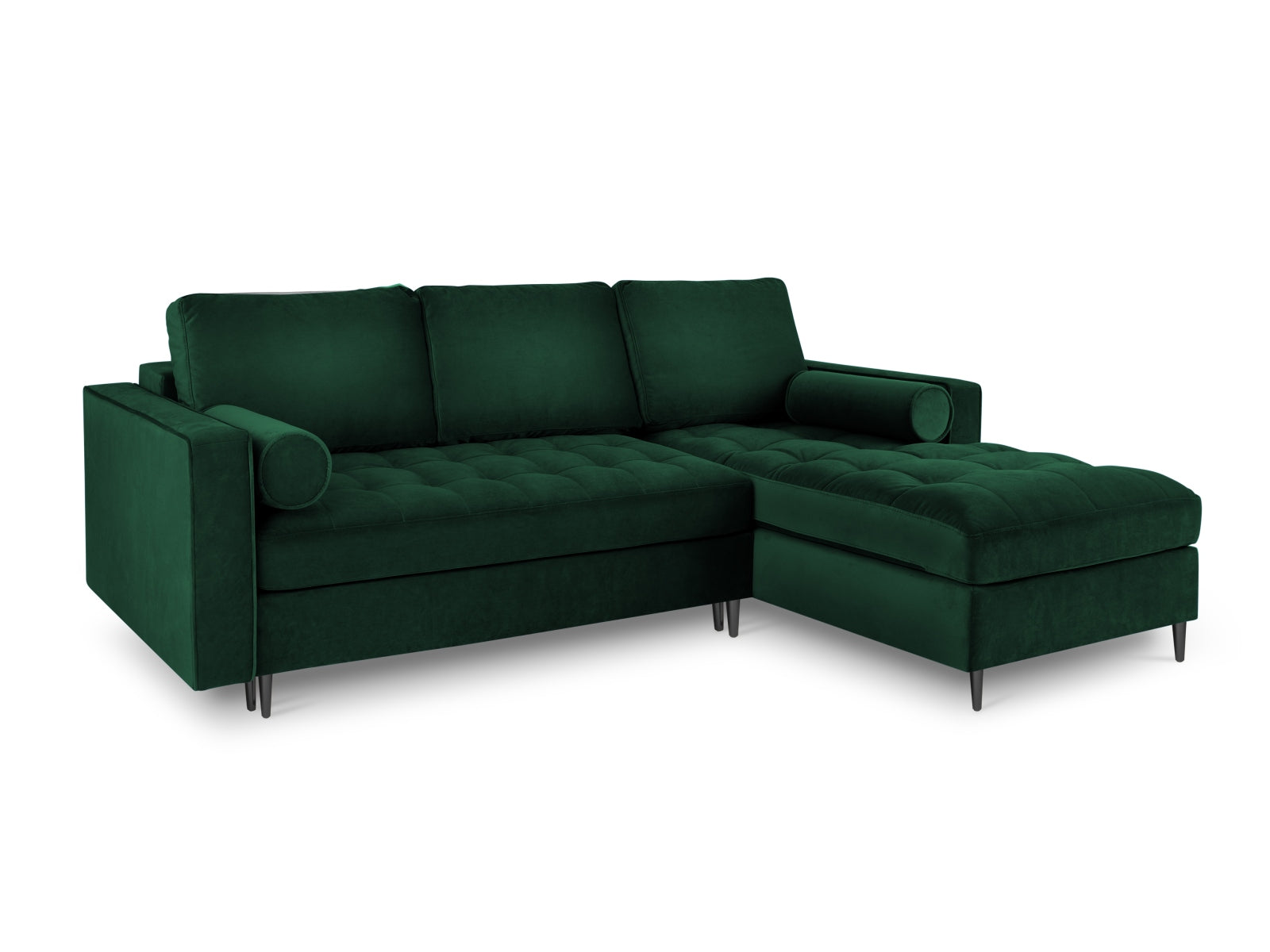 Modernes 5-Sitzer Ecksofa in edlem Dunkelgrün, bietet eine praktische Schlaffunktion und Stauraum, perfekt für gemütliche Abende.