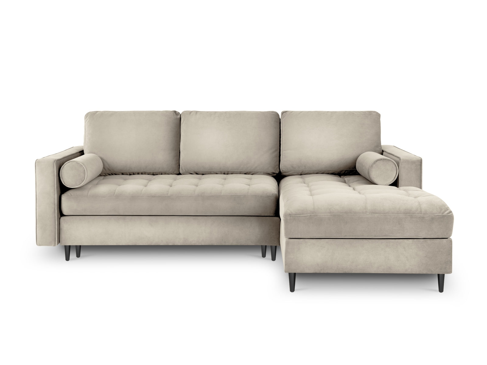 Modernes 5-Sitzer Ecksofa rechts mit praktischer Schlaffunktion und integriertem Stauraum in edlem Dunkelbeige, perfekt für gemütliche Abende.