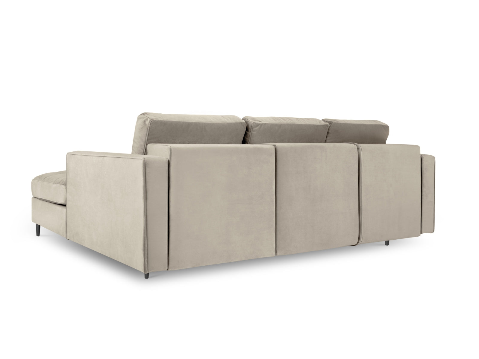 Elegantes 5-Sitzer Ecksofa rechts in stilvollem Dunkelbeige, ausgestattet mit Schlaffunktion und Stauraum für zusätzlichen Komfort und Funktionalität.