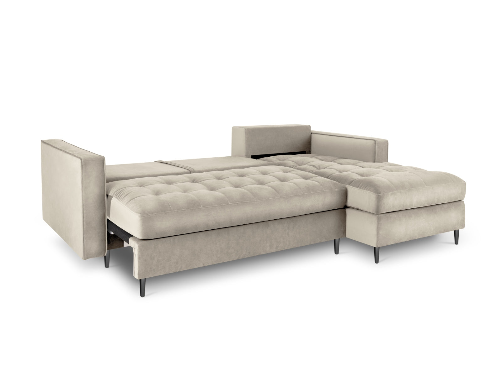 Modernes 5-Sitzer Ecksofa rechts in edlem Dunkelbeige, ideal für entspannte Abende und Übernachtungsgäste, mit praktischem Stauraum.