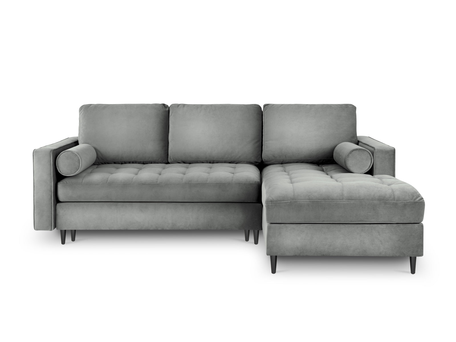 Stylisches Ecksofa für 5 Personen in Grau, ausgestattet mit einer Schlaffunktion und cleverem Stauraum, perfekt für gemütliche Abende.