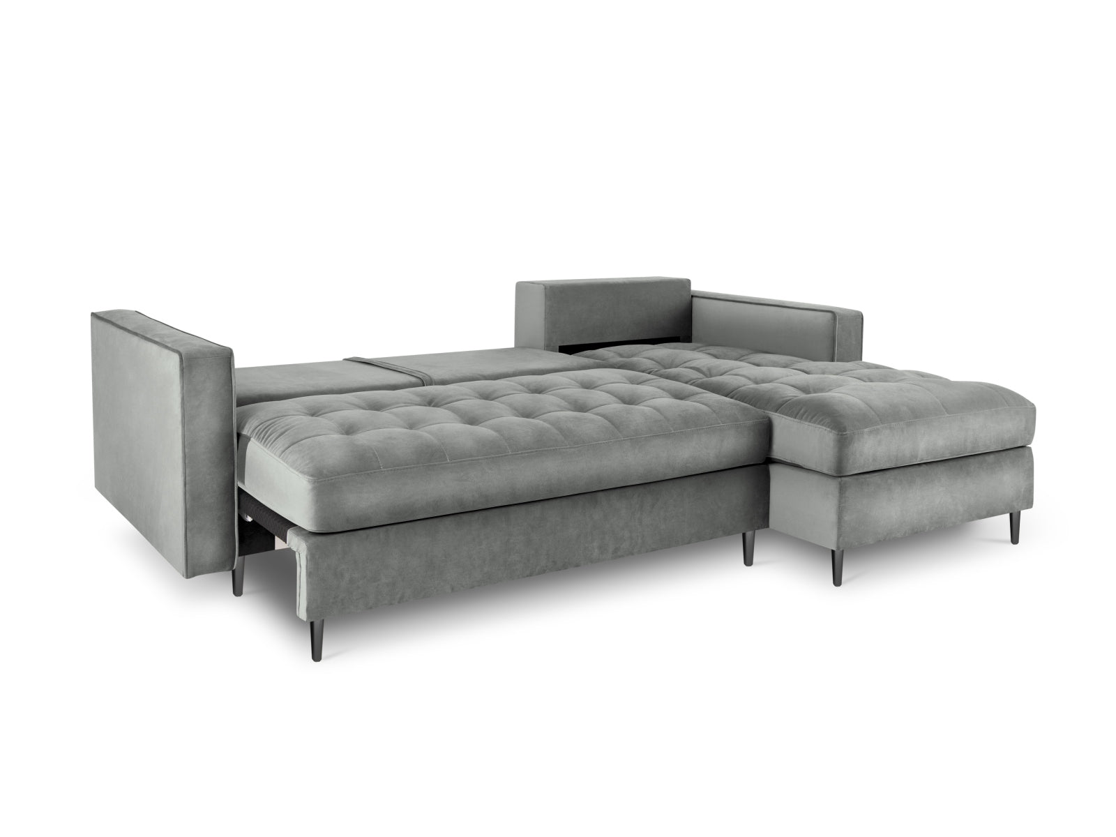 Stylisches Ecksofa für 5 Personen in zeitlosem Grau, ausgestattet mit einer komfortablen Schlaffunktion und cleverem Stauraum.