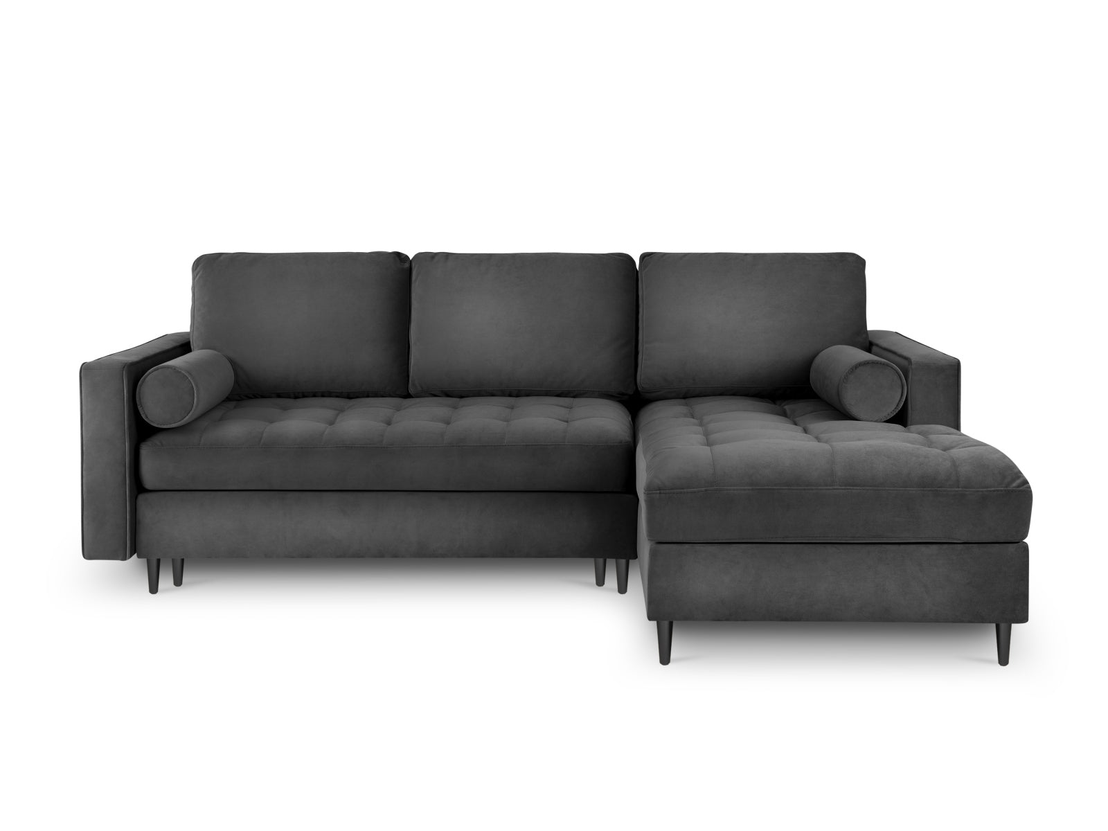Stylisches Ecksofa für 5 Personen in elegantem Dunkelgrau, rechtsseitig, bietet Schlafgelegenheit und cleveren Stauraum für mehr Komfort.