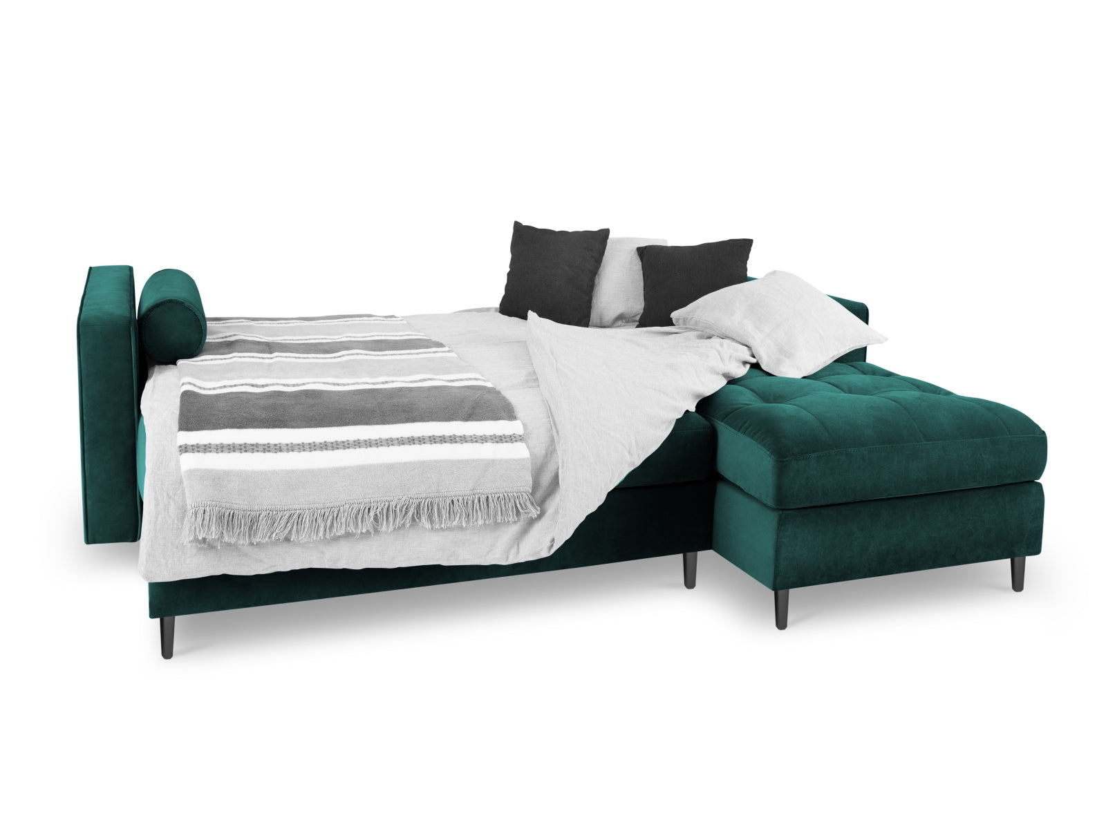 Elegantes 5-Sitzer Ecksofa in stilvollem Petrol, perfekt für entspannte Abende, bietet Schlaffunktion und praktischen Stauraum.