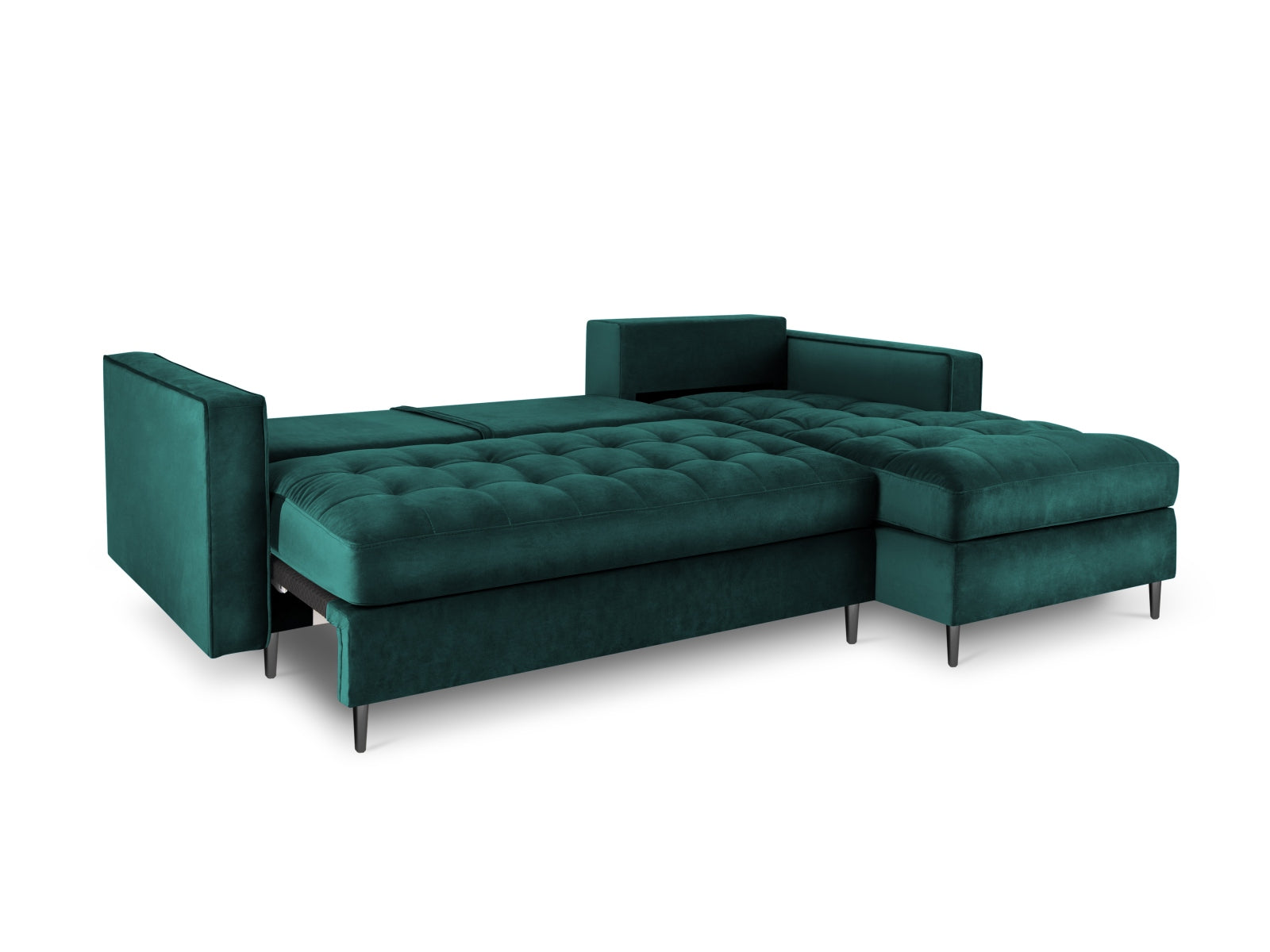 Modernes 5-Sitzer Ecksofa in ansprechendem Petrol, ausgestattet mit Schlaffunktion und Stauraum, perfekt für gemütliche Abende.