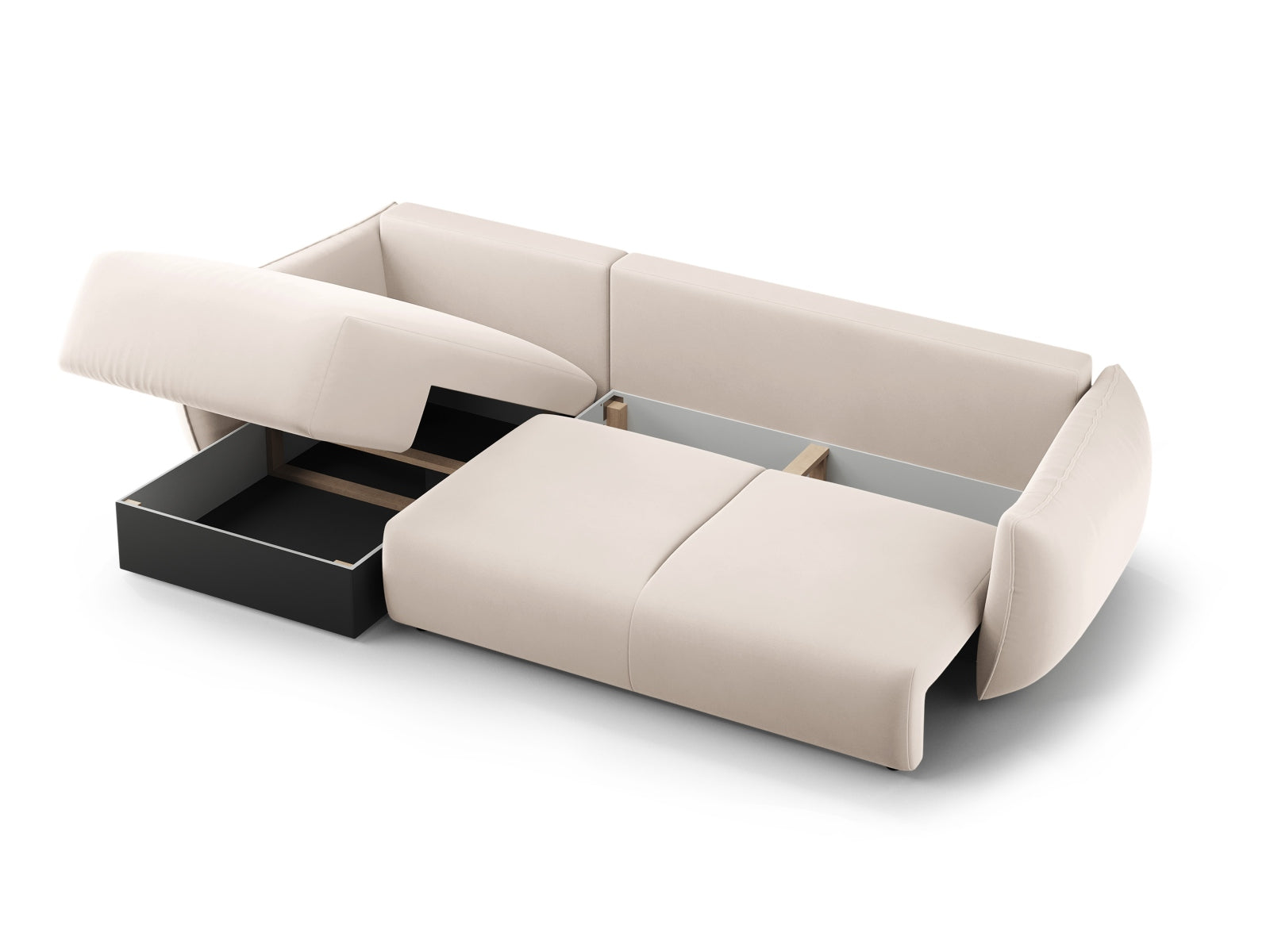 Beige 4-Sitzer Ecksofa Matera mit eleganter Schlaffunktion und integriertem Stauraum, ideal für moderne und gemütliche Wohnbereiche von Cosmopolitan Design.
