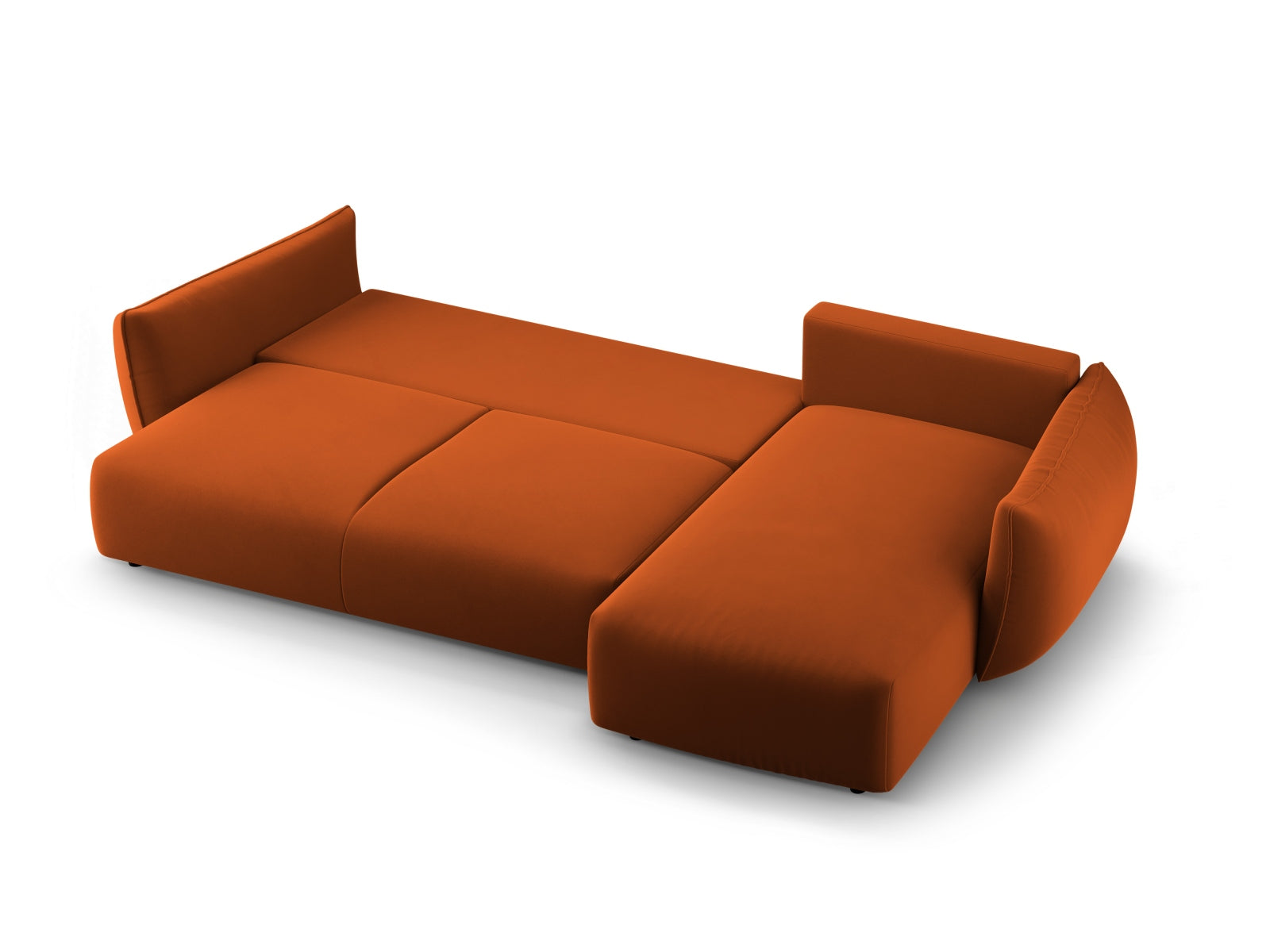 Stylisches Ecksofa in warmem Terracotta, bietet Platz für vier Personen, verwandelt sich in ein bequemes Bett und bietet praktischen Stauraum.