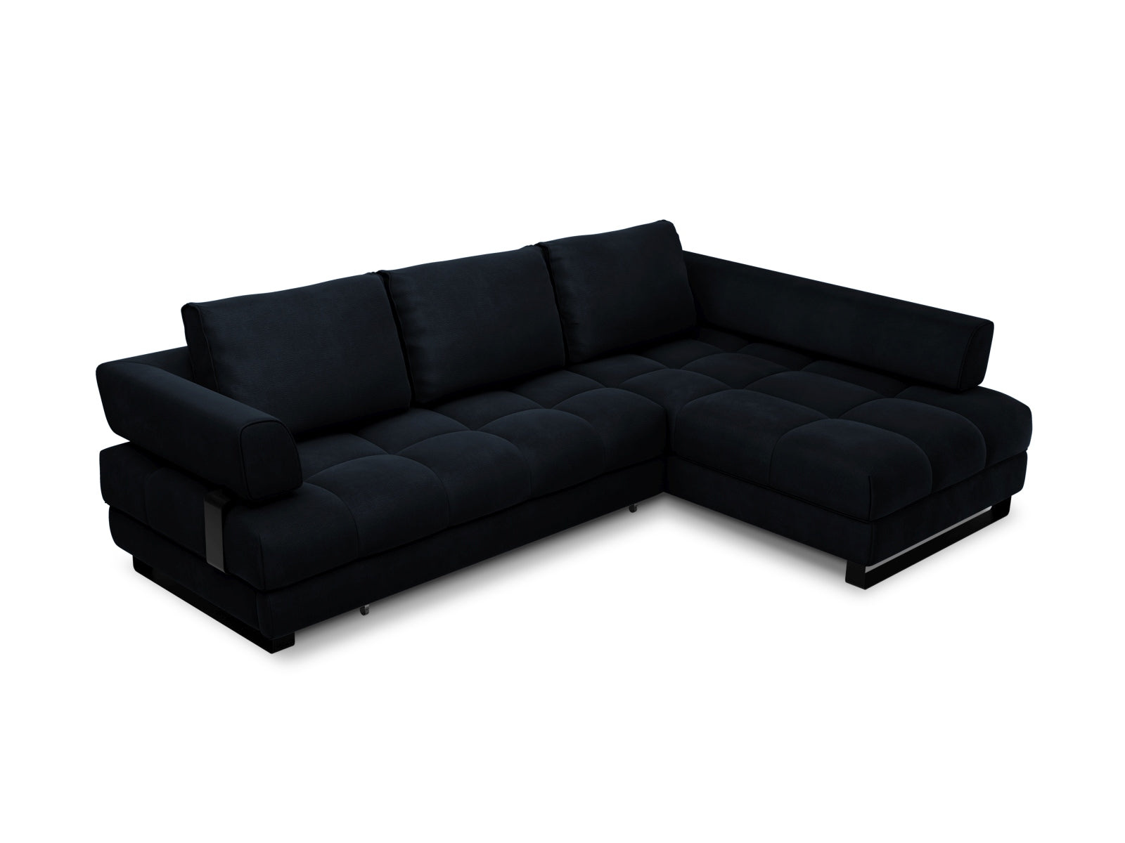 Clinton Velour Ecksofa rechts mit Schlaffunktion und Stauraum 5 Sitzer in Dark Blue präsentiert im Onlineshop von KAQTU Design AG. Ecksofa rechts ist von Cosmopolitan Design