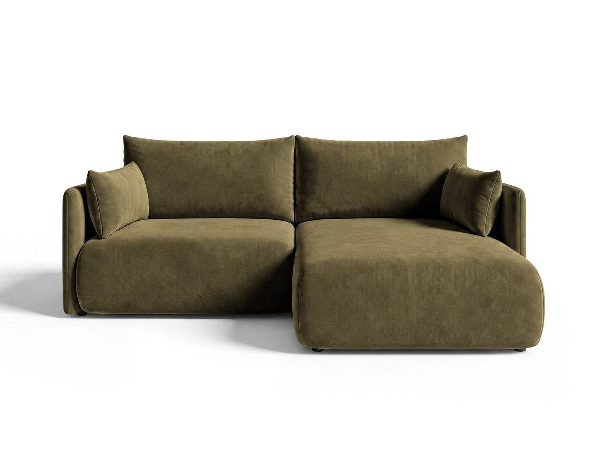 Monaco Ecksofa rechts mit Récamière, Bluvel-Bezug und schwarzen Kunststoffbeinen