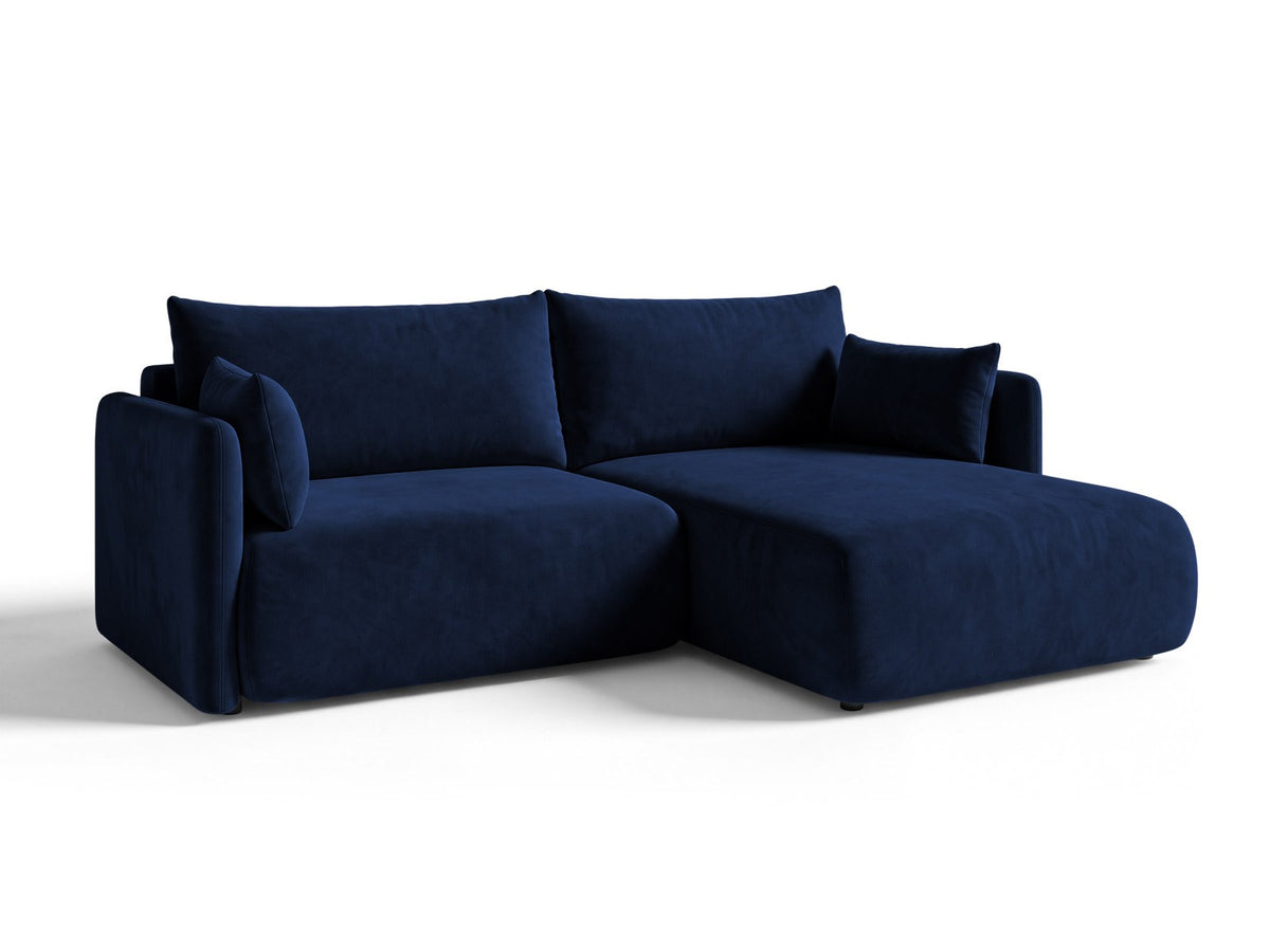 Monaco Ecksofa rechts mit Récamière, Bluvel-Bezug und schwarzen Kunststoffbeinen