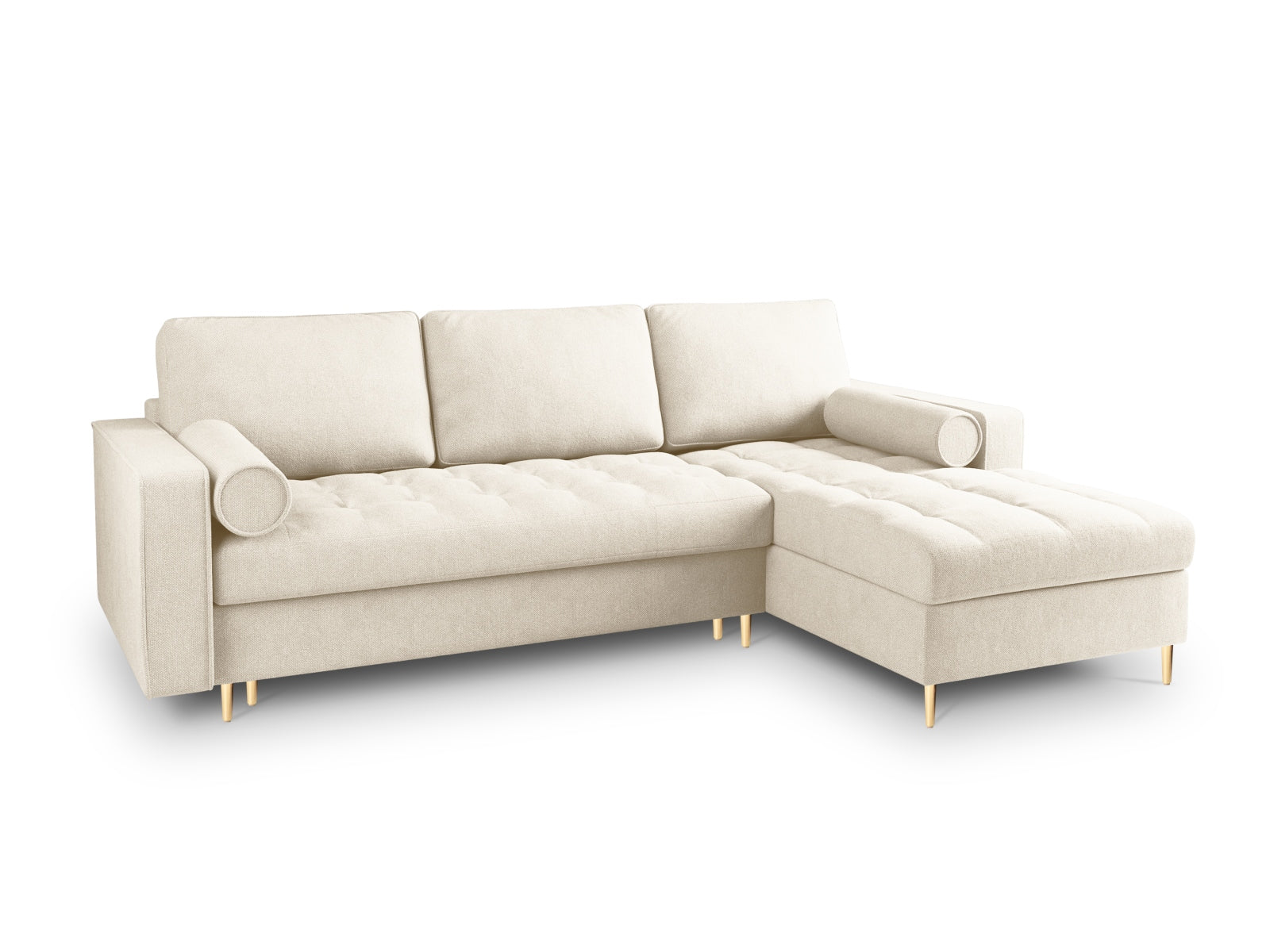 Beiges 5-Sitzer Ecksofa Aspen mit Schlaffunktion und Stauraum, perfekt für gemütliche Abende und platzsparende Lösungen in modernen Wohnräumen.