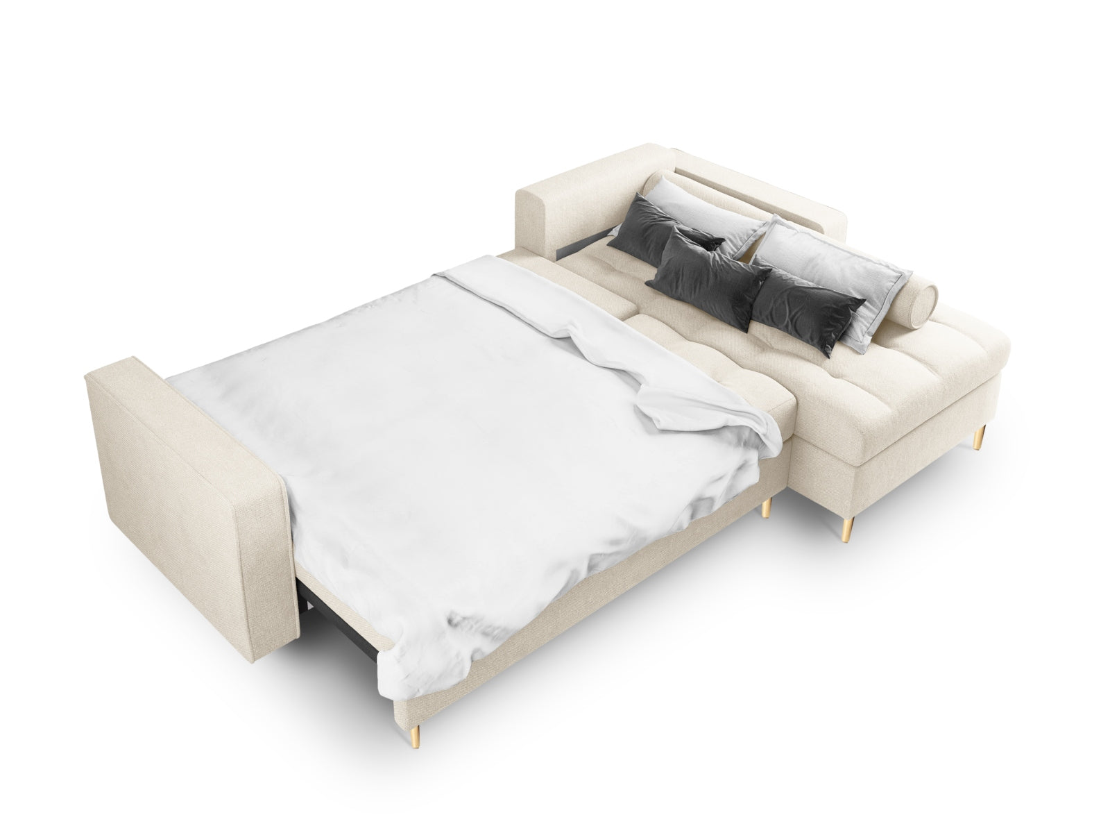 Elegantes 5-Sitzer Ecksofa Aspen in Beige, ausgestattet mit Schlaffunktion und praktischem Stauraum, ideal für stilvolle Entspannung.