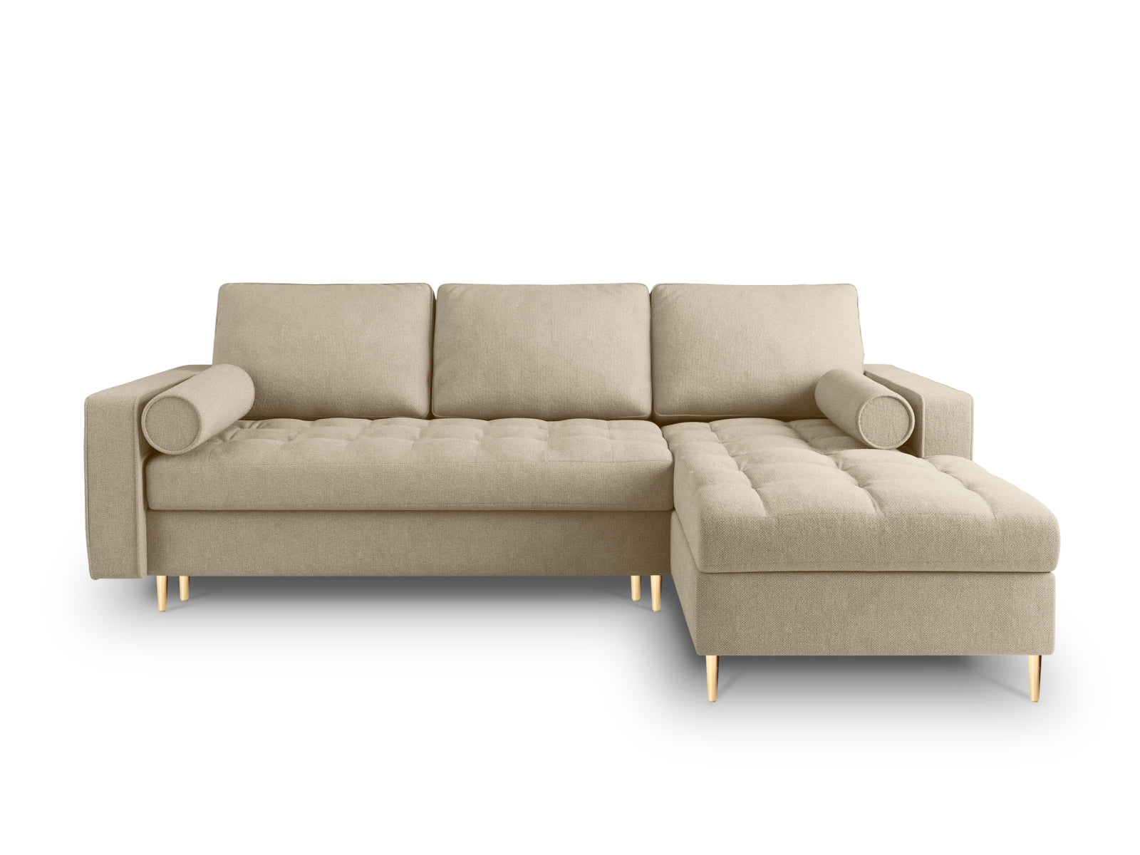 Beige Ecksofa Aspen mit Schlaffunktion und Stauraum, ideal für gemütliche Abende und als Schlafgelegenheit, präsentiert von Cosmopolitan Design.