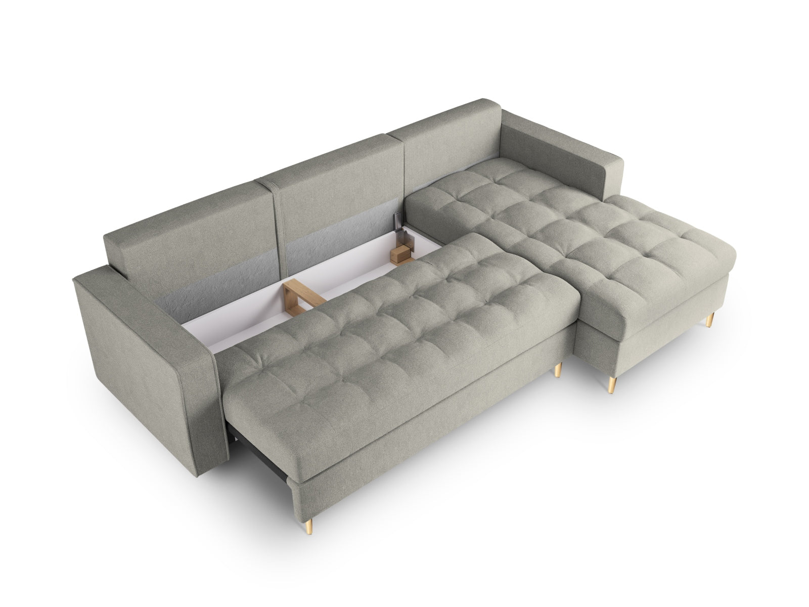 Elegantes 5-Sitzer Ecksofa Aspen in hellem Grau, rechtsseitig, bietet eine komfortable Schlaffunktion und cleveren Stauraum für mehr Ordnung.