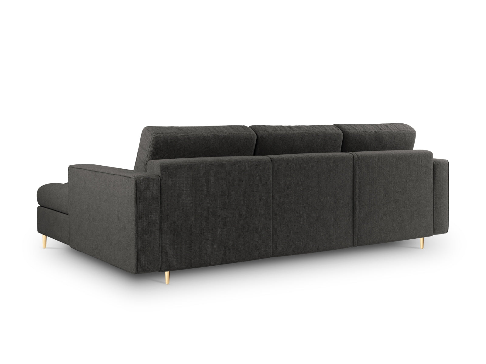 Stylisches Ecksofa Aspen in Dunkelgrau, bietet Platz für 5 Personen, verwandelt sich in ein Bett und bietet zusätzlichen Stauraum.