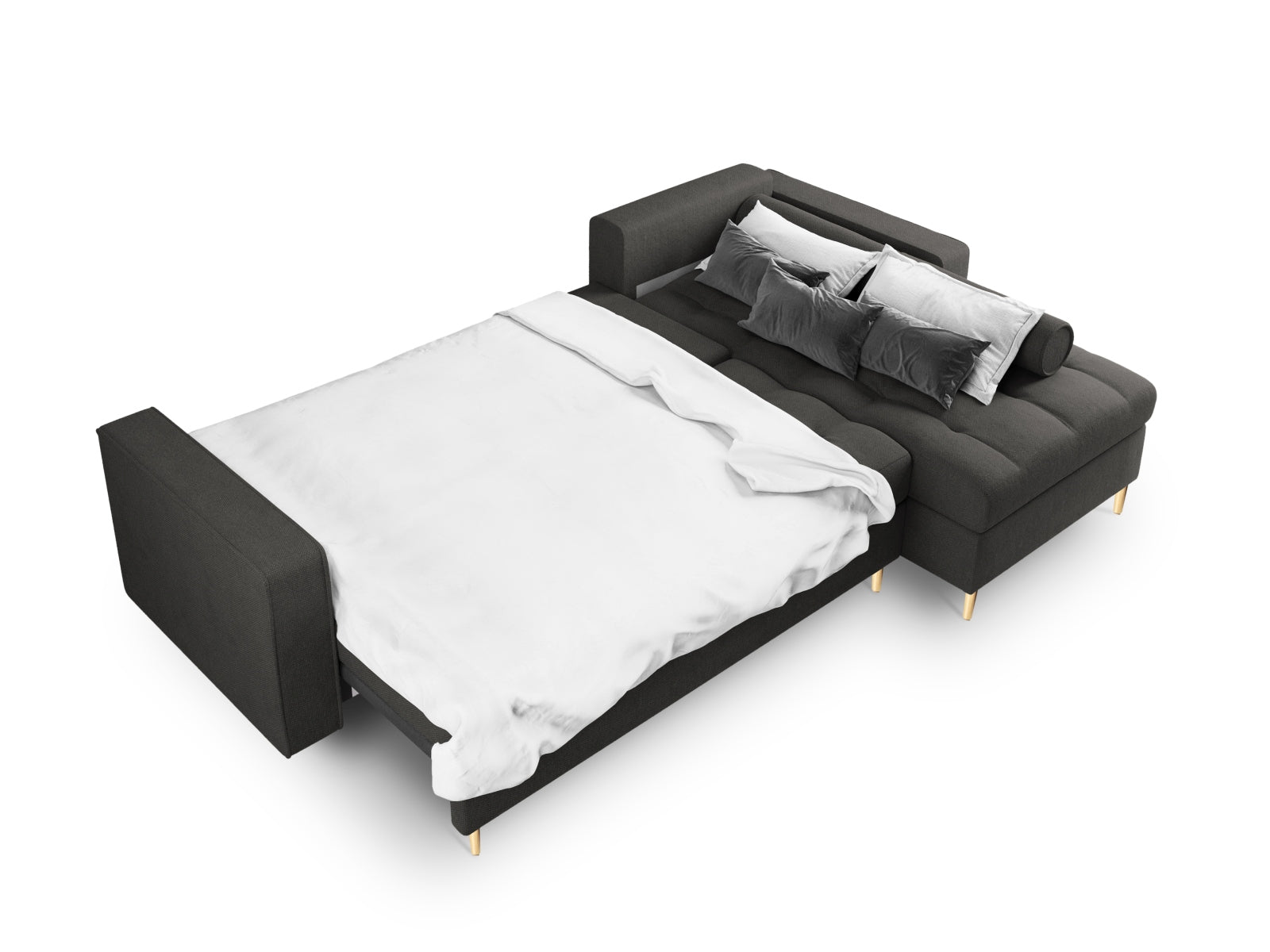 Modernes 5-Sitzer Ecksofa Aspen in Dunkelgrau, ideal für Wohnzimmer, mit Schlaffunktion und praktischem Stauraum für Kissen und Decken.