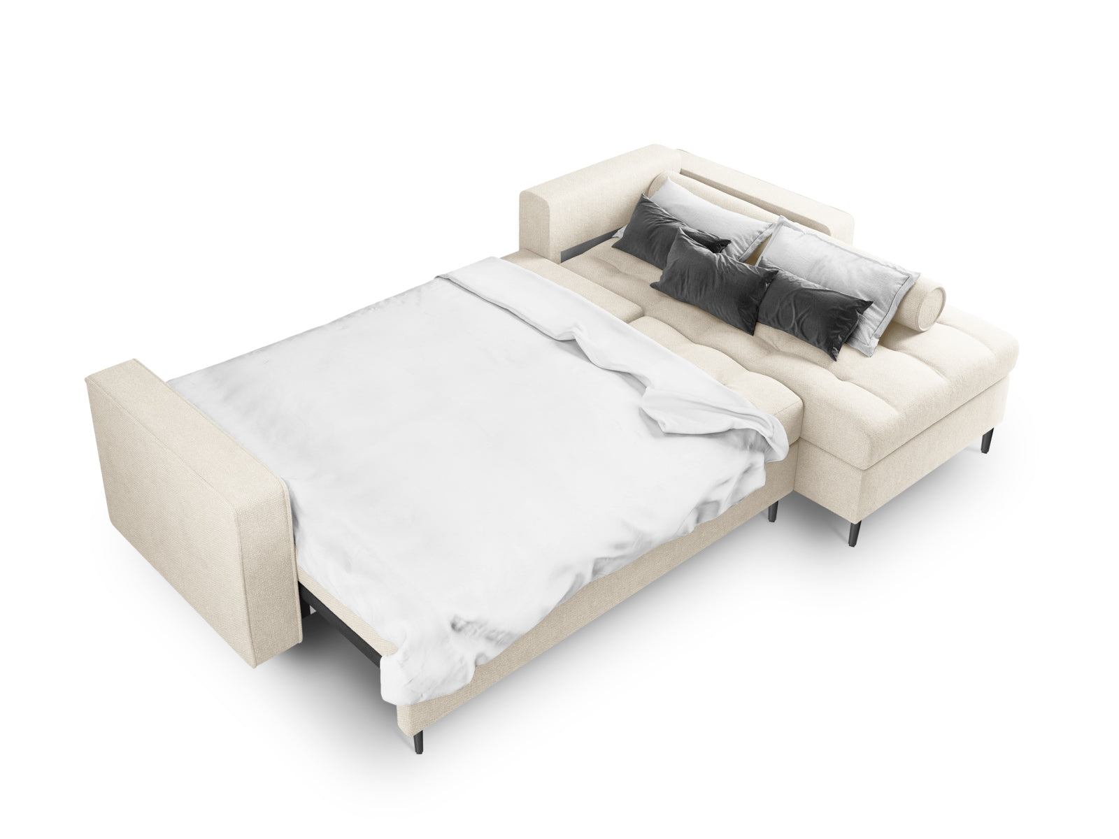 Elegantes Ecksofa Aspen in sanftem Beige, ideal für Wohnräume. 5-Sitzer mit praktischer Schlaffunktion und cleverem Stauraum.