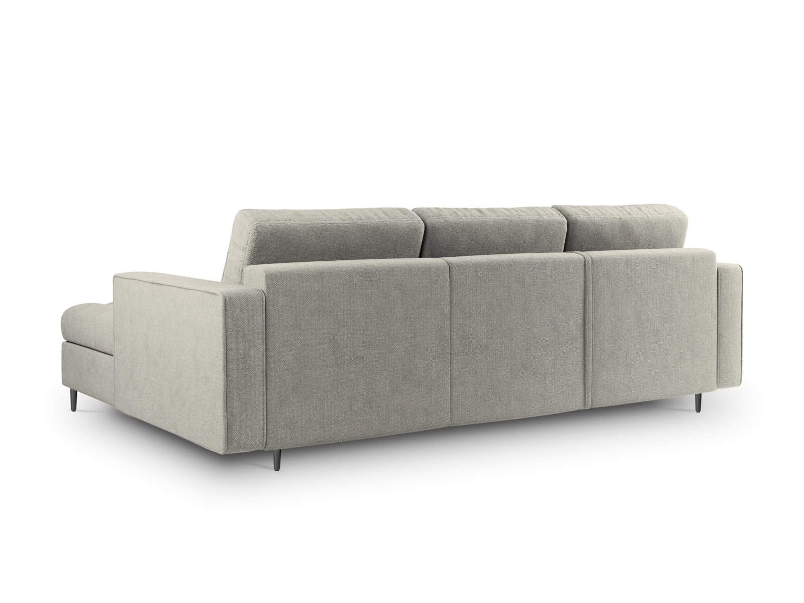 Stylisches Ecksofa Aspen in sanftem Hellgrau, bietet Platz für 5 Personen, verwandelt sich in ein bequemes Bett und bietet zusätzlichen Stauraum.